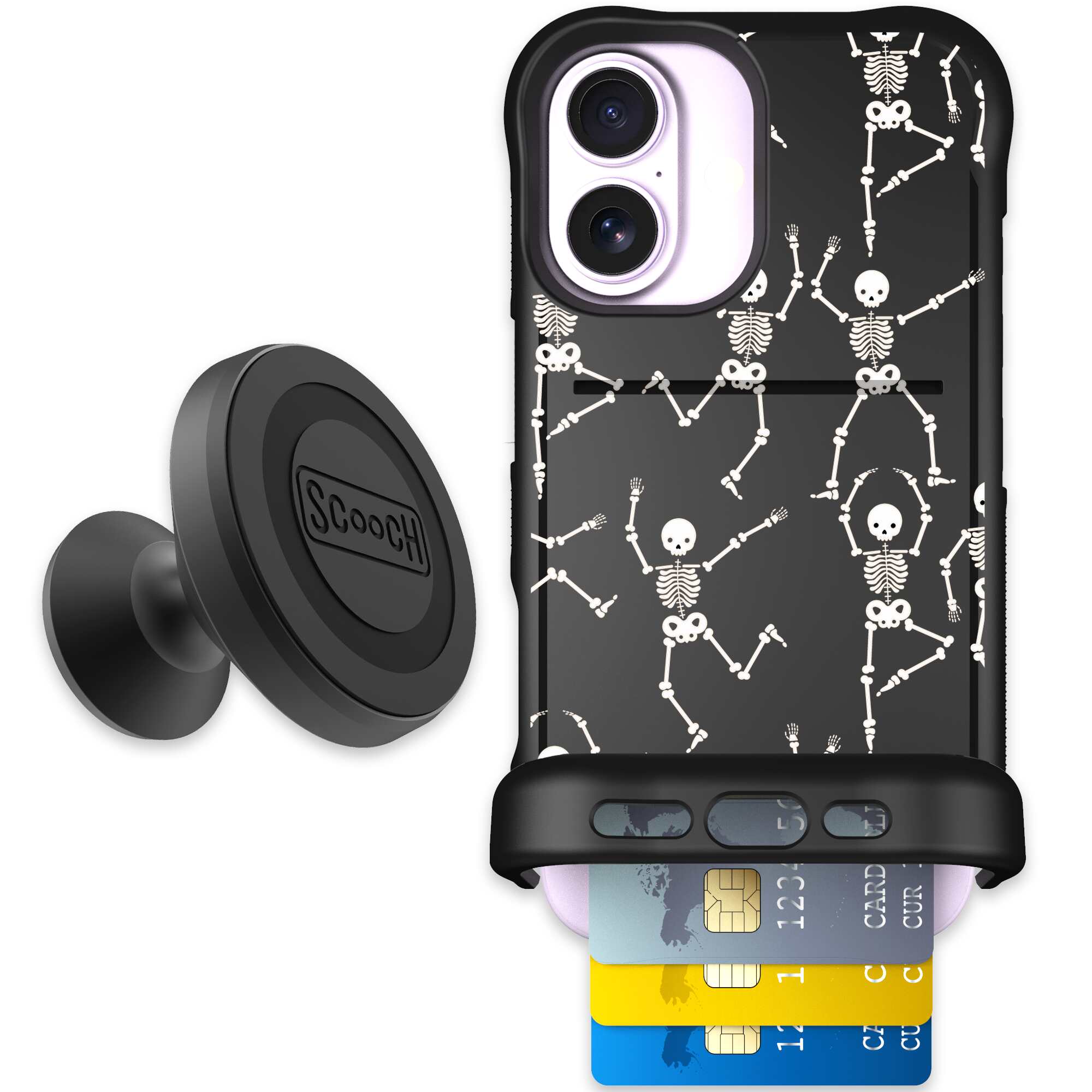 Swinging Skeletons white dancing skeleton pattern on a black Scooch Wingmate case for iPhone 17 - Starter Bundle