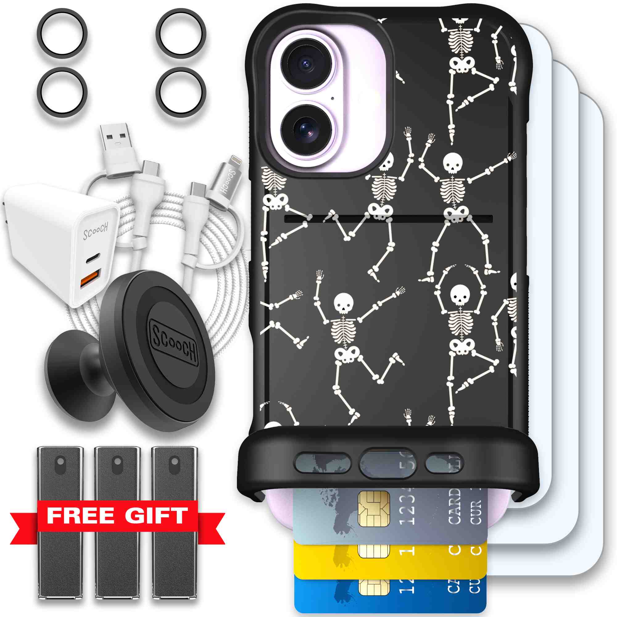 Swinging Skeletons white dancing skeleton pattern on a black Scooch Wingmate case for iPhone 17 - Ultimate Bundle