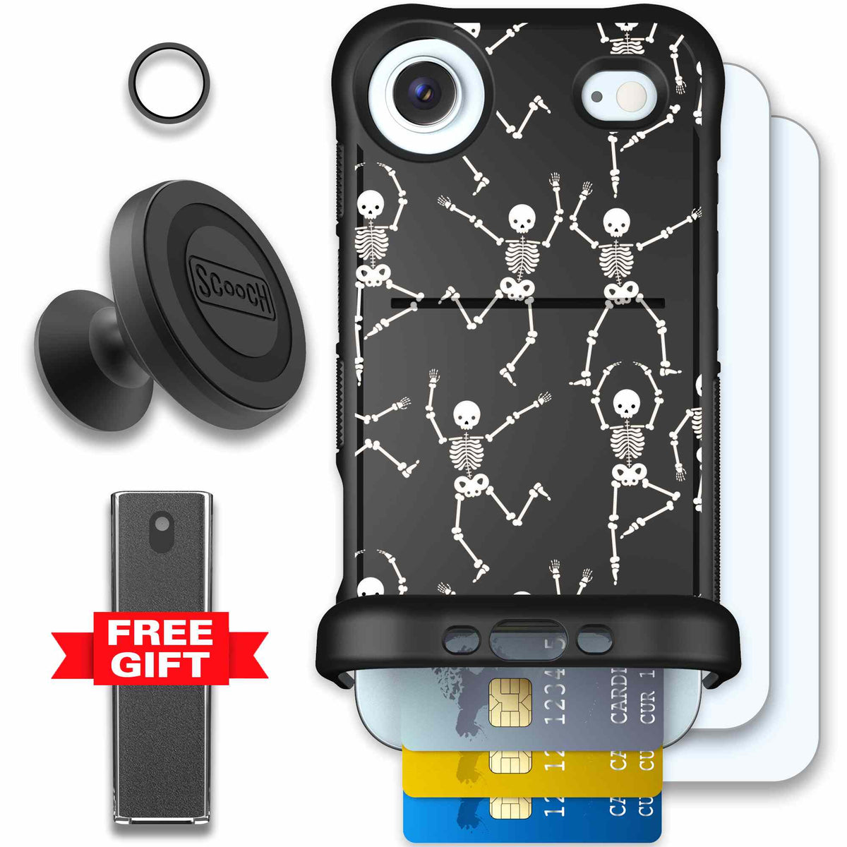 Swinging Skeletons white dancing skeleton pattern on a black Scooch Wingmate case for iPhone Air - Defender Bundle