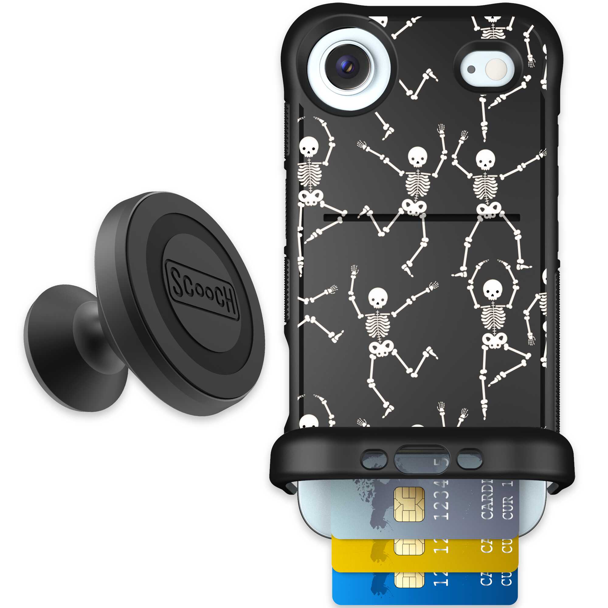 Swinging Skeletons white dancing skeleton pattern on a black Scooch Wingmate case for iPhone Air - Starter Bundle