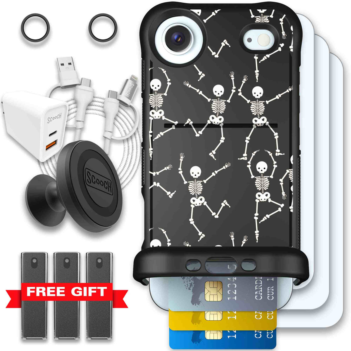 Swinging Skeletons white dancing skeleton pattern on a black Scooch Wingmate case for iPhone Air - Ultimate Bundle