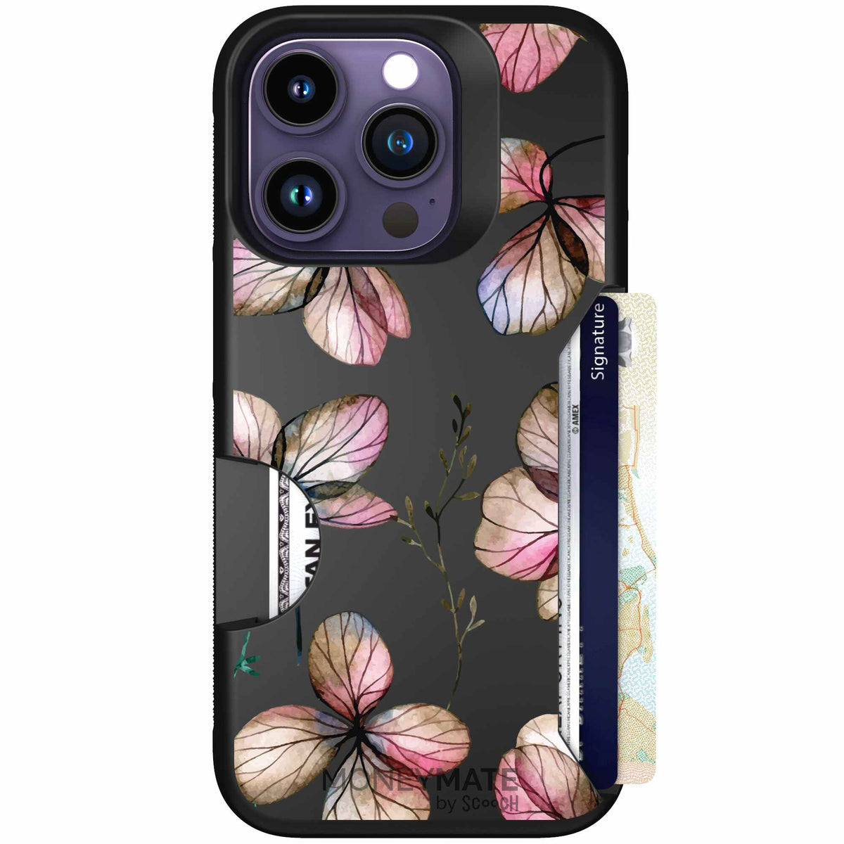 Dried Flowers blush mauve and cream floral pattern on a black Scooch Moneymate case for iPhone 14 Pro