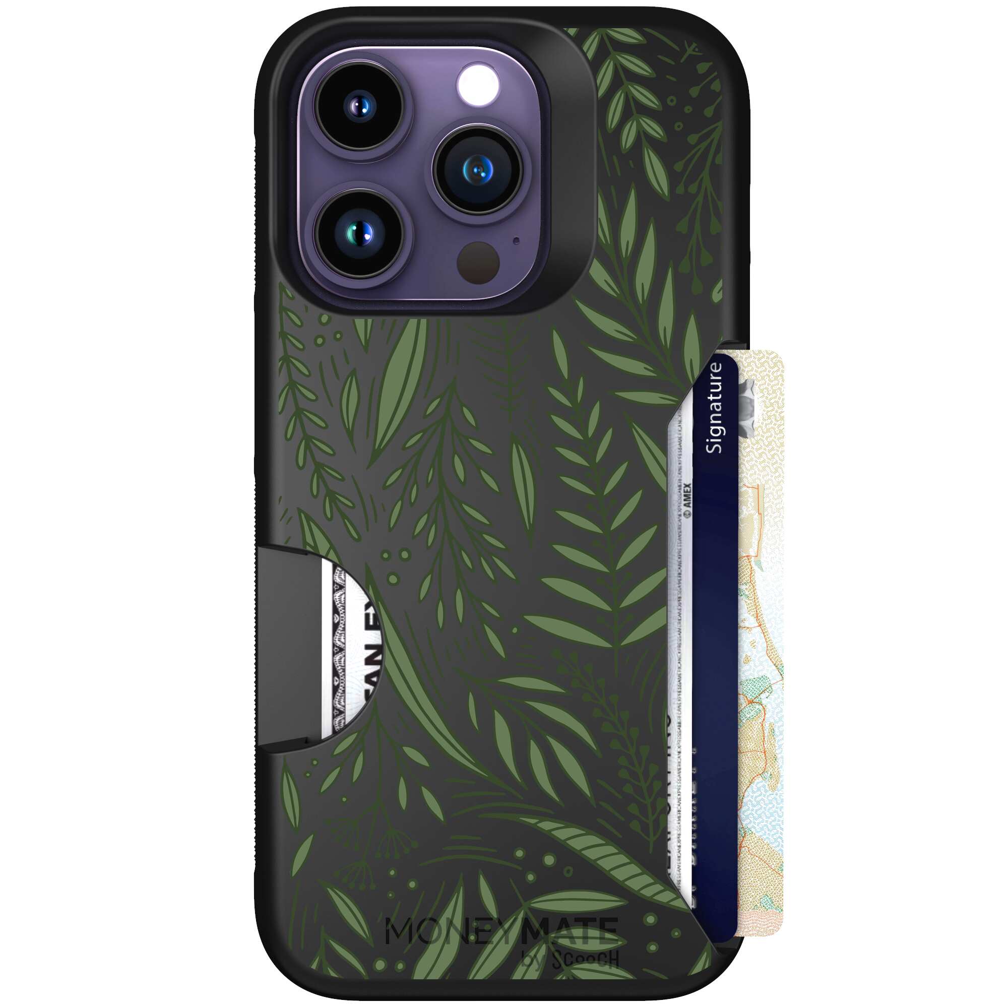 Willow Garden layered green leaves and branches on a charcoal Scooch Moneymate case for iPhone 14 Pro