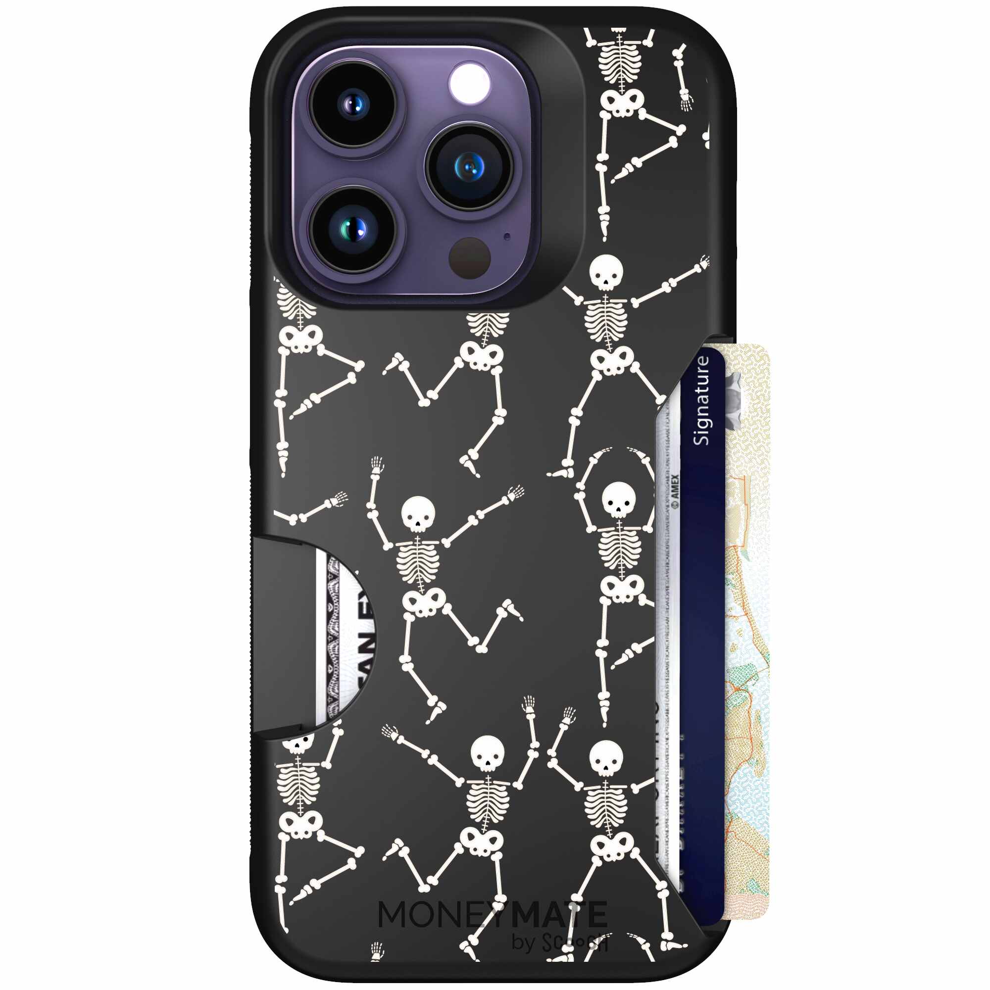 Swinging Skeletons white dancing skeleton pattern on a black Scooch Moneymate case for iPhone 14 Pro