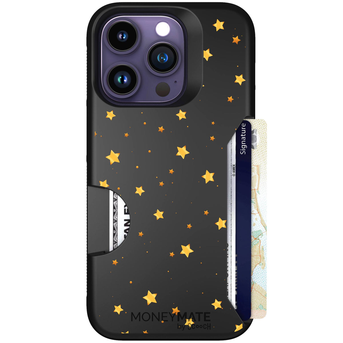 Gold Stars yellow and gold star pattern on a charcoal Scooch Moneymate case for iPhone 14 Pro
