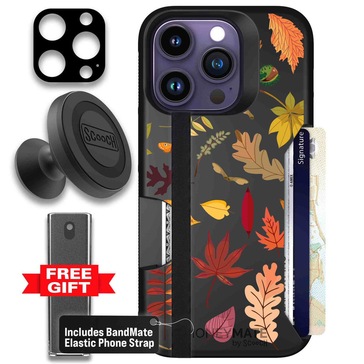 Autumn Leaves multicolored fall foliage pattern on a charcoal Scooch Moneymate case for iPhone 14 Pro - Defender Bundle