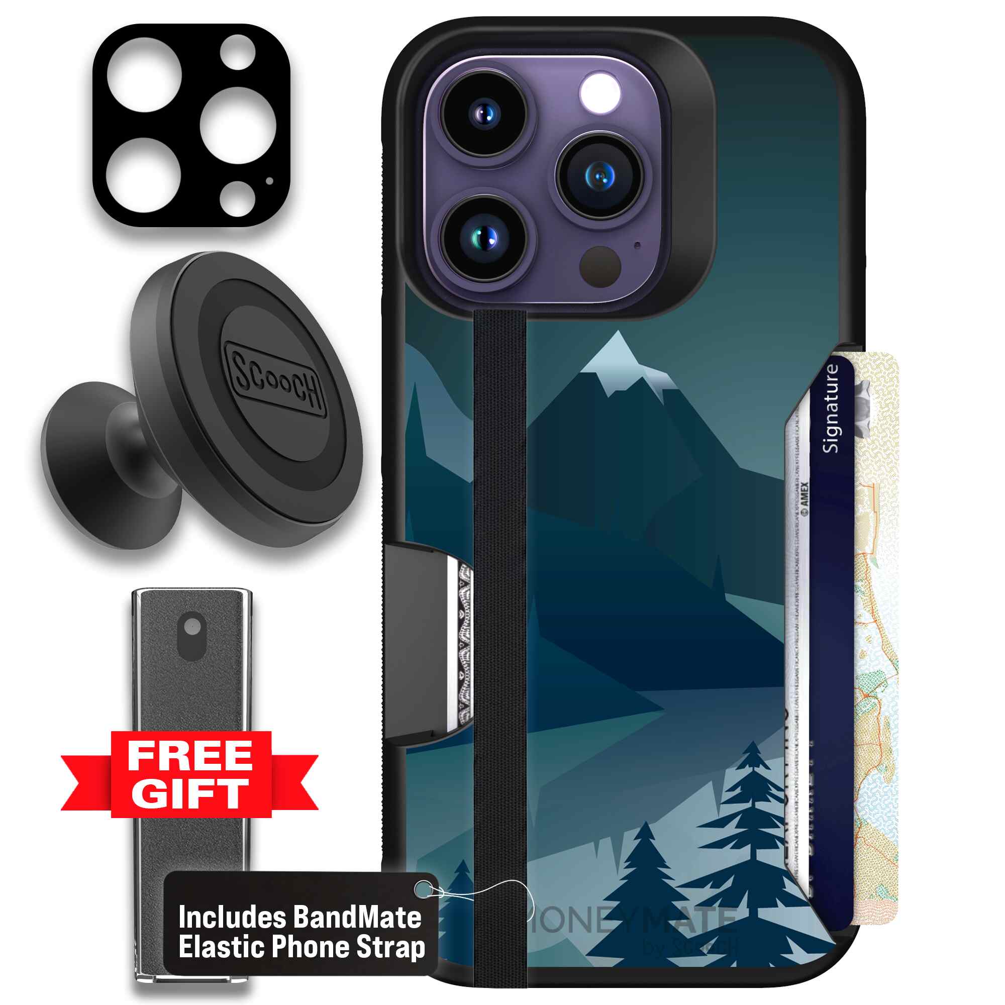 Midnight Ridge layered blue mountains and evergreen trees on a Scooch Moneymate case for iPhone 14 Pro - Defender Bundle