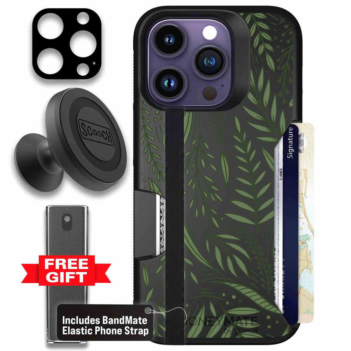 Willow Garden layered green leaves and branches on a charcoal Scooch Moneymate case for iPhone 14 Pro - Defender Bundle