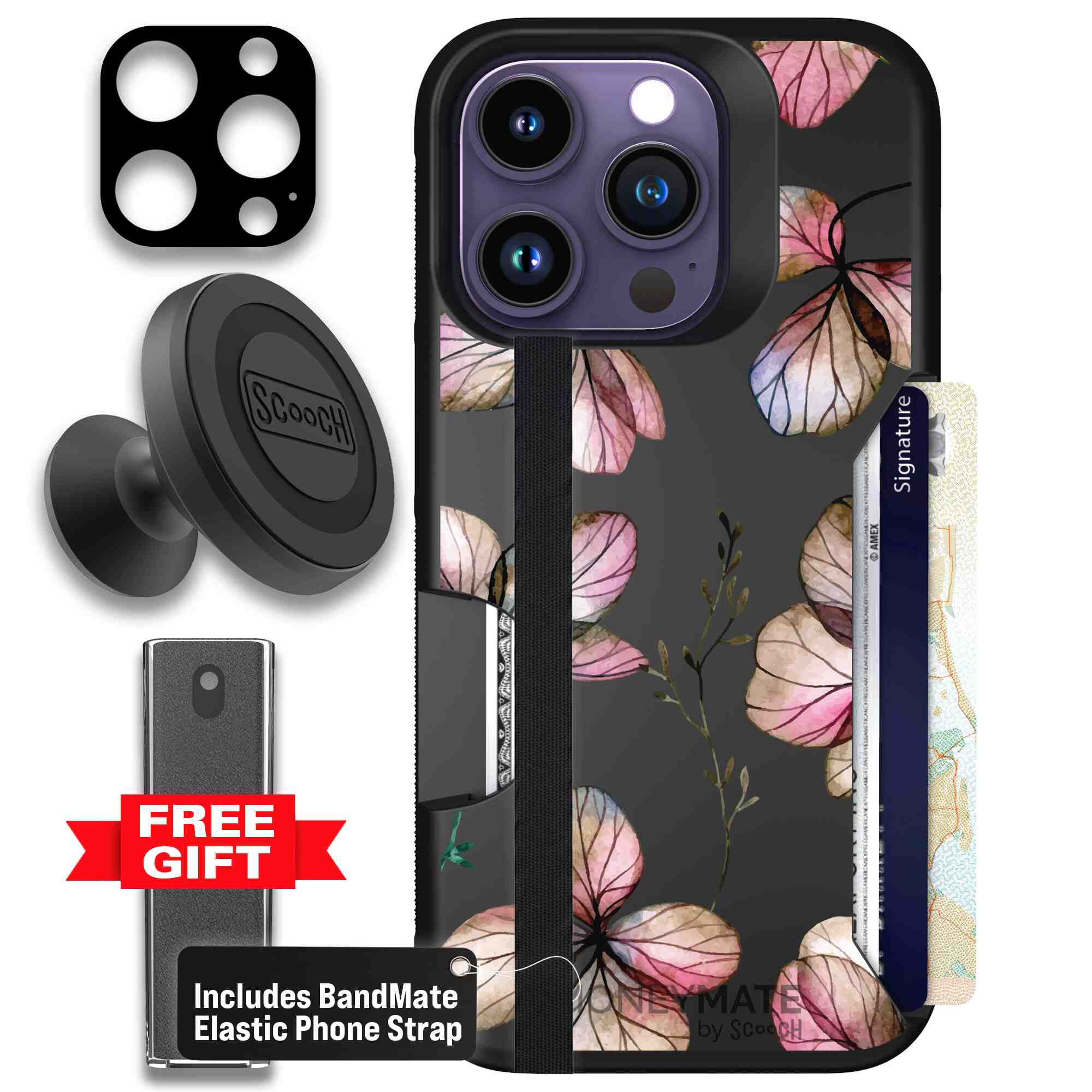 Dried Flowers blush mauve and cream floral pattern on a black Scooch Moneymate case for iPhone 14 Pro - Defender Bundle