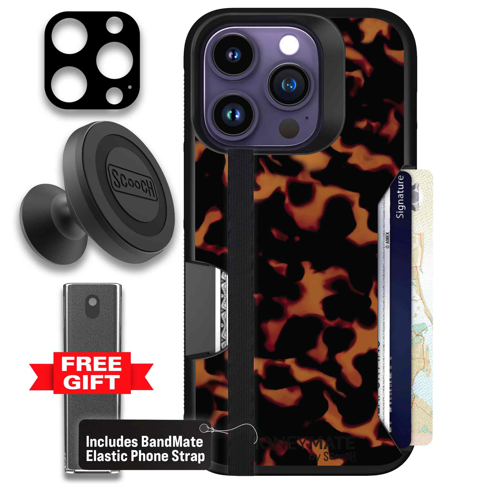 Tortoise Shell amber brown and black mottled pattern on a Scooch Moneymate case for iPhone 14 Pro - Defender Bundle