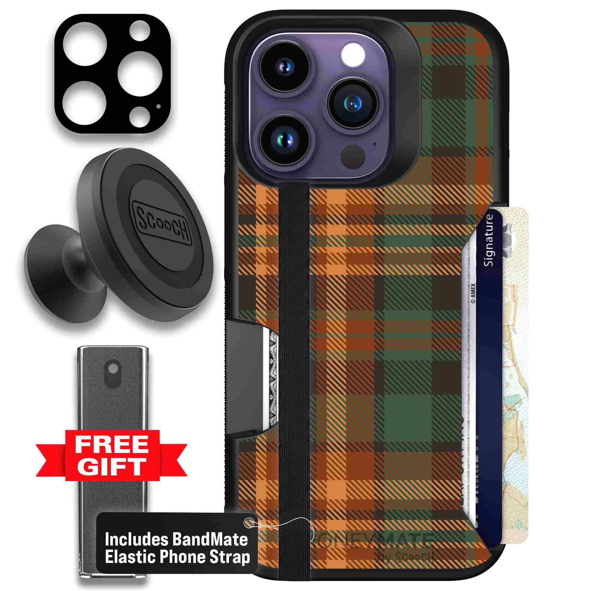 Fall Flannel orange and brown plaid pattern on a Scooch Moneymate case for iPhone 14 Pro - Defender Bundle
