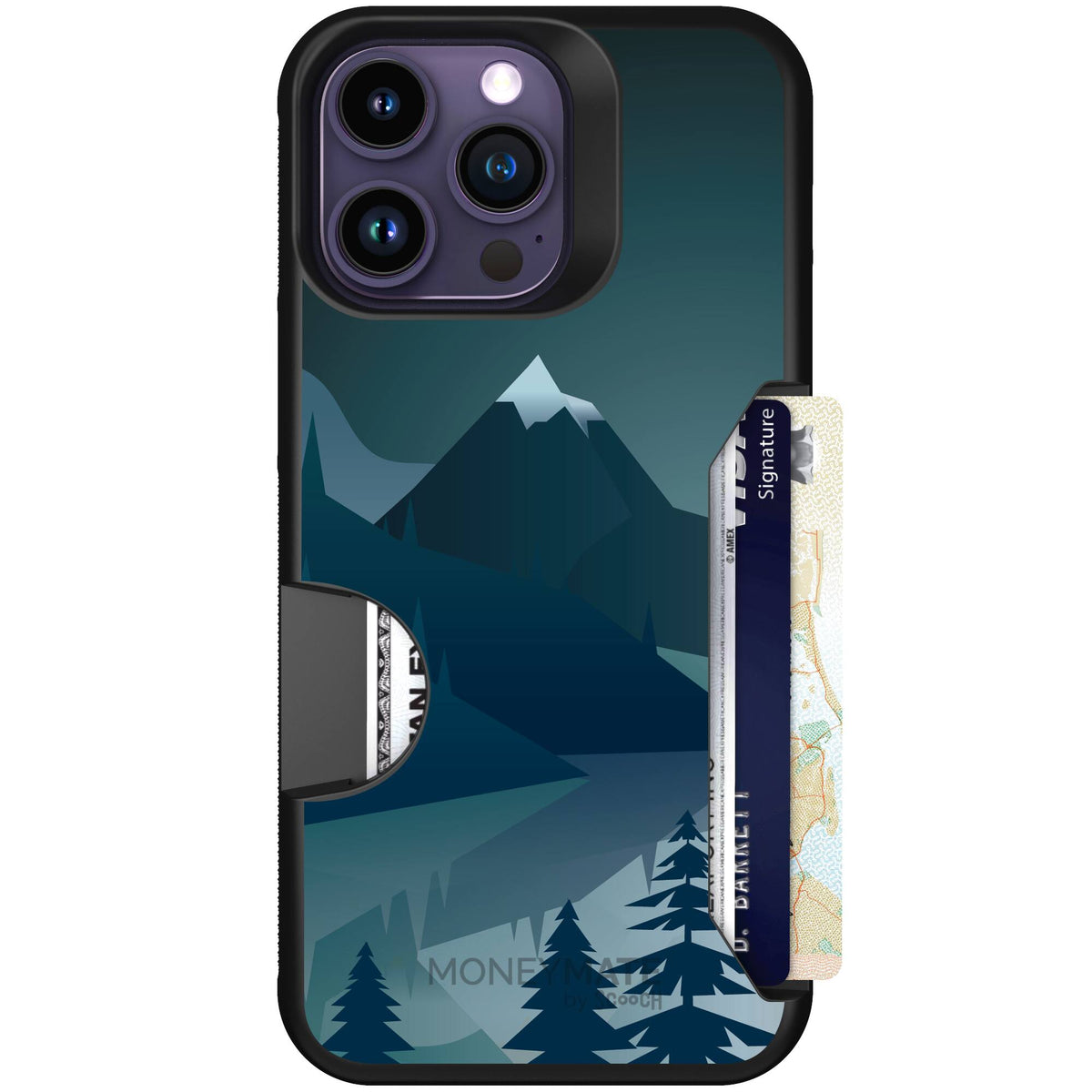 Midnight Ridge layered blue mountains and evergreen trees on a Scooch Moneymate case for iPhone 14 Pro Max