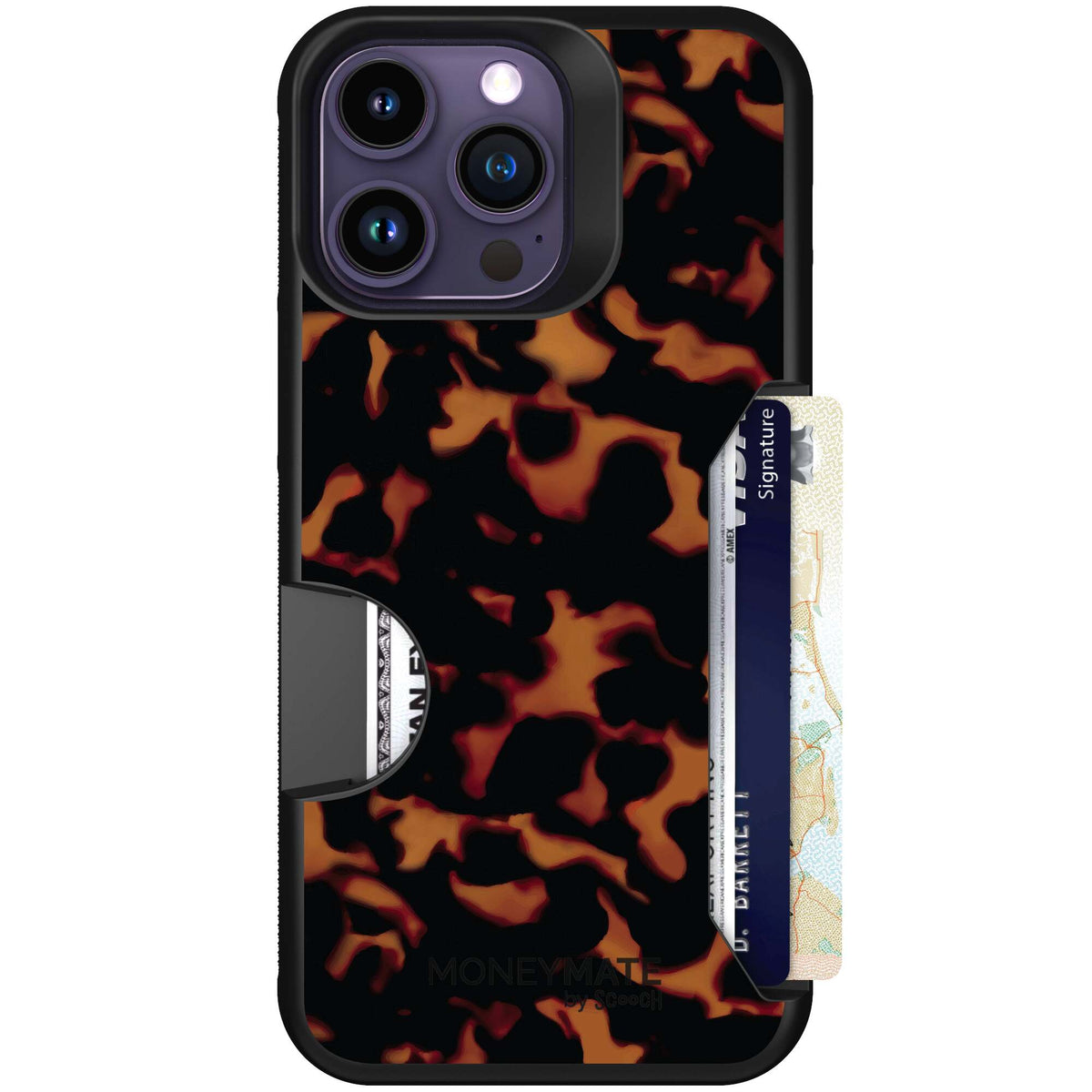 Tortoise Shell amber brown and black mottled pattern on a Scooch Moneymate case for iPhone 14 Pro Max