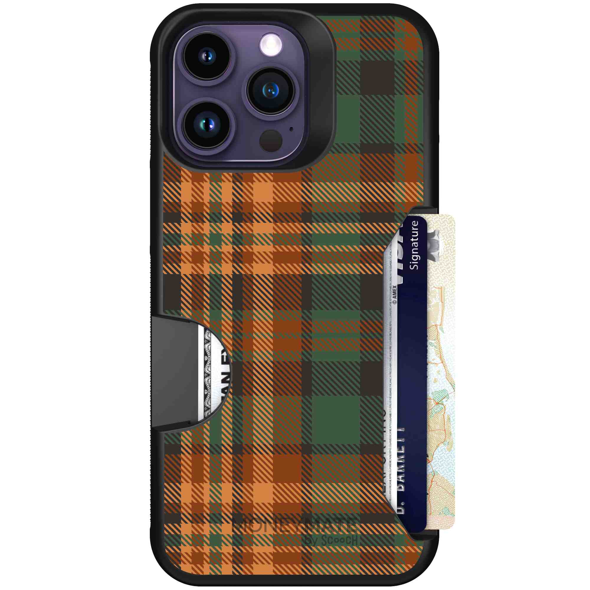 Fall Flannel orange and brown plaid pattern on a Scooch Moneymate case for iPhone 14 Pro Max