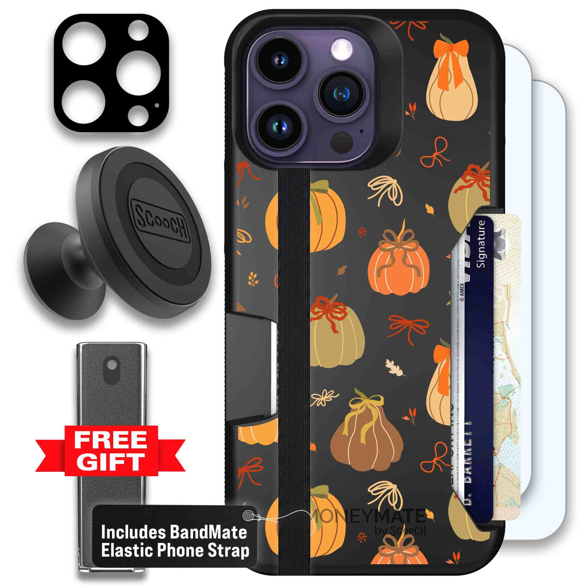 Pretty Pumpkins orange pumpkin and bow pattern on a Scooch Moneymate case for iPhone 14 Pro Max - Defender Bundle
