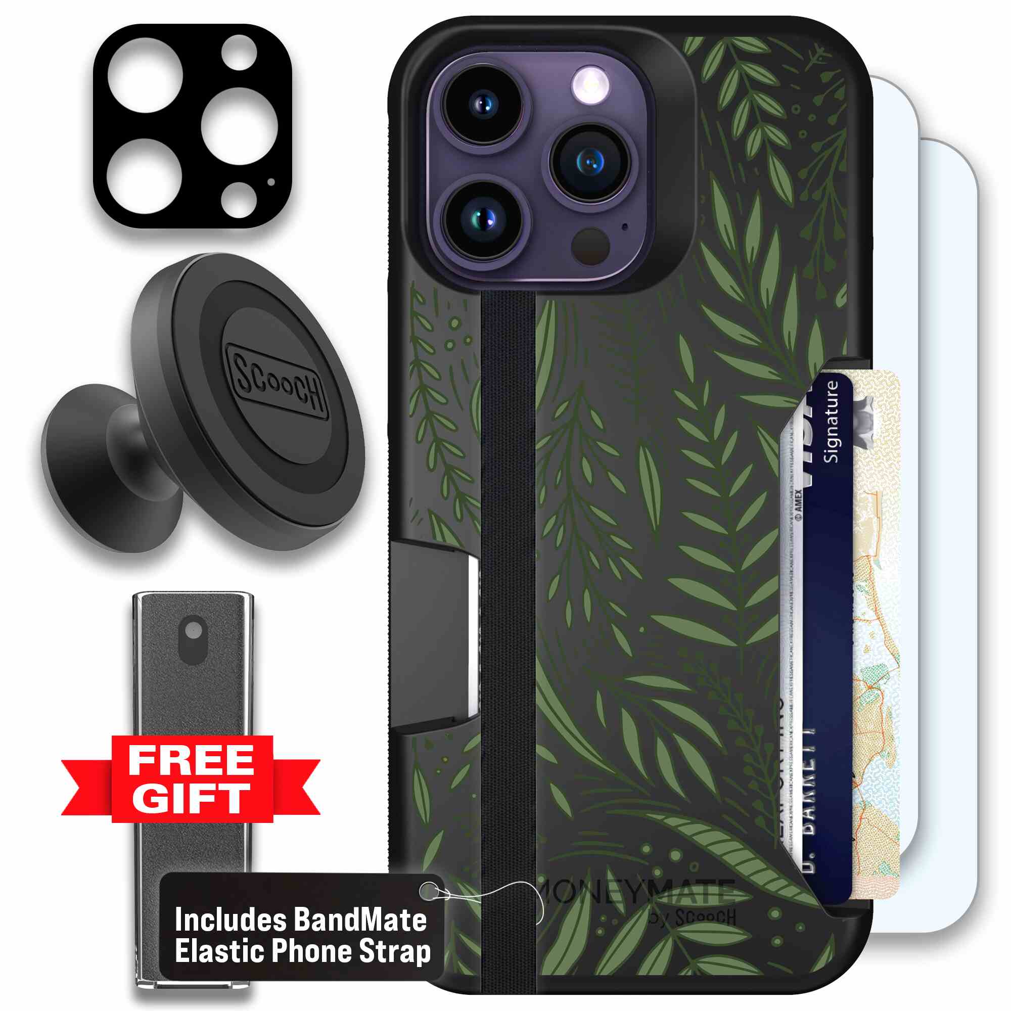 Willow Garden layered green leaves and branches on a charcoal Scooch Moneymate case for iPhone 14 Pro Max - Defender Bundle