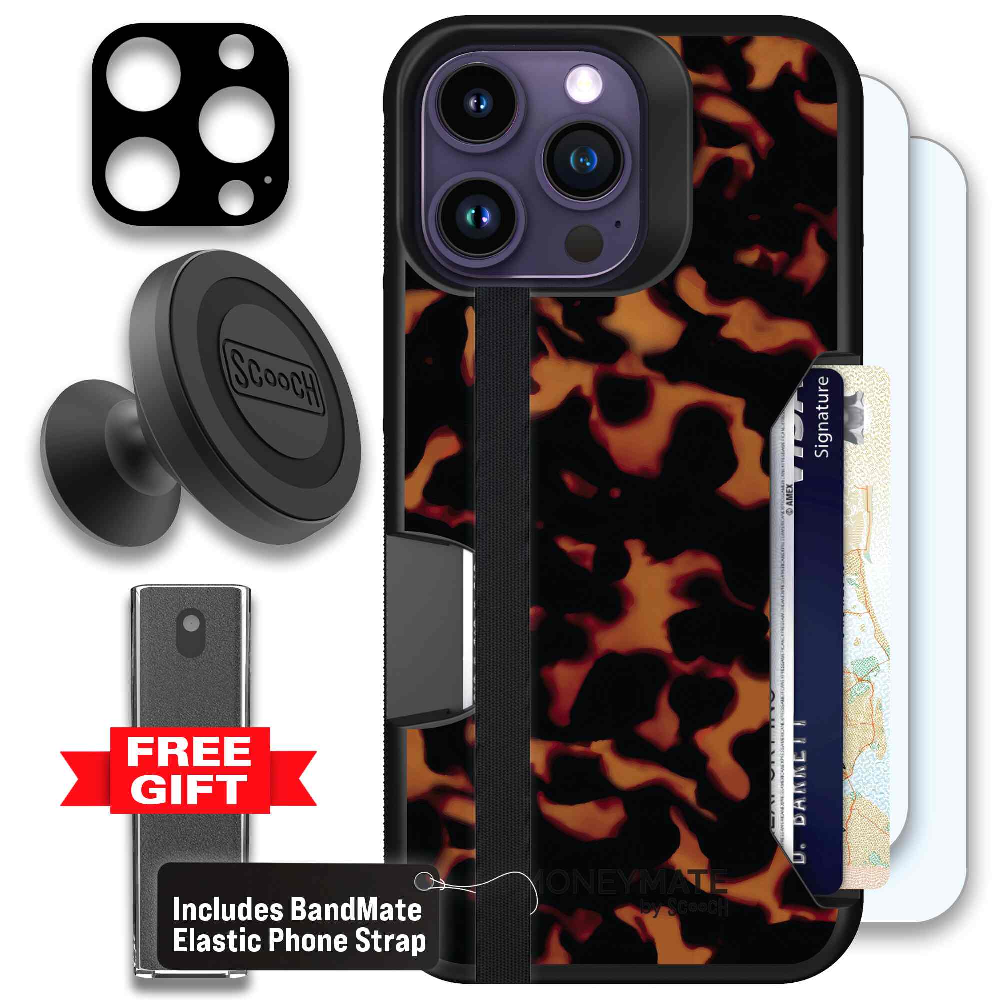 Tortoise Shell amber brown and black mottled pattern on a Scooch Moneymate case for iPhone 14 Pro Max - Defender Bundle