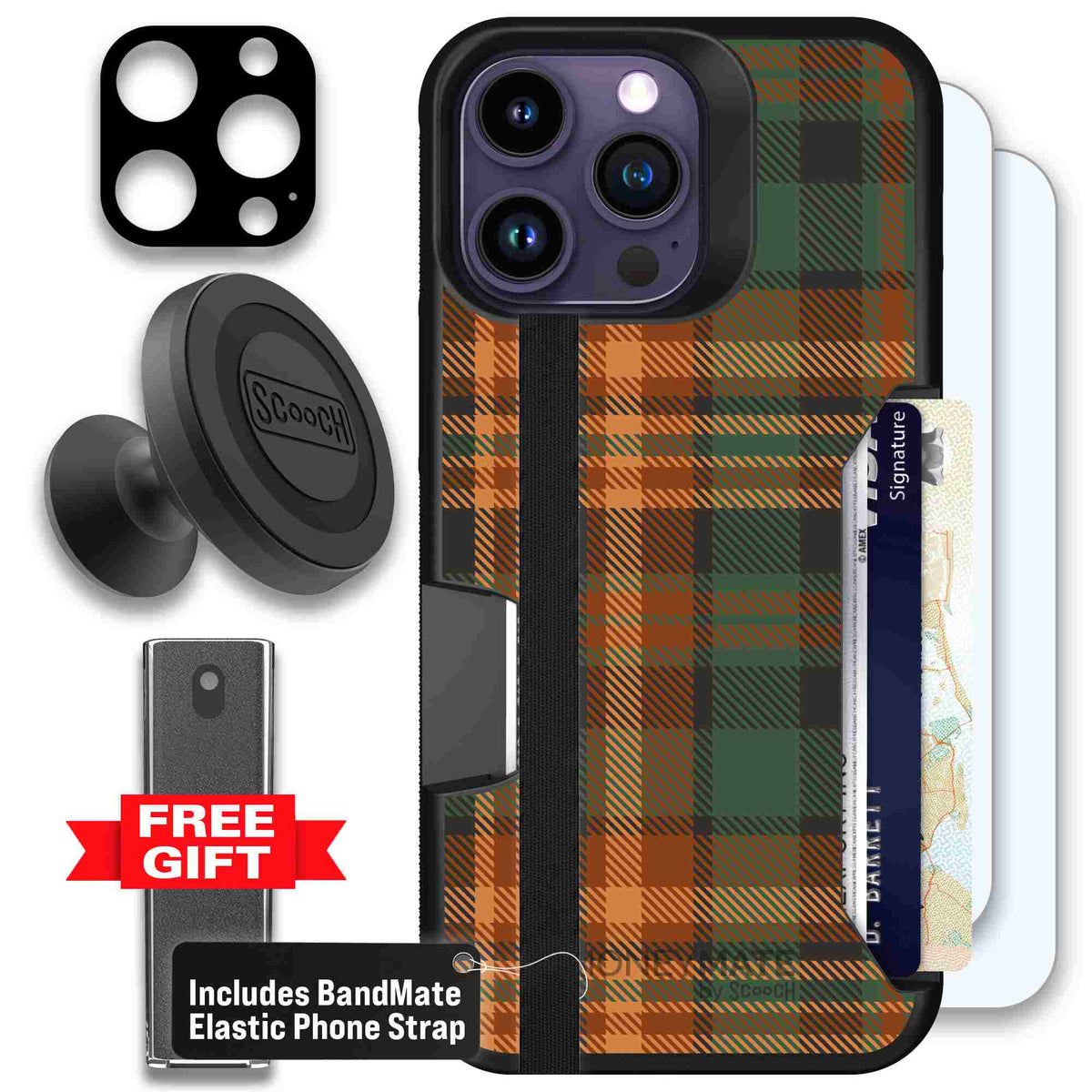 Fall Flannel orange and brown plaid pattern on a Scooch Moneymate case for iPhone 14 Pro Max - Defender Bundle