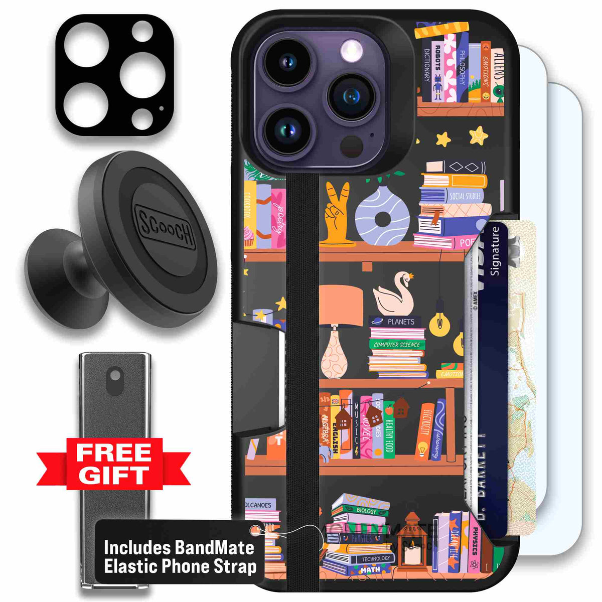 Little Library colorful book and bookshelf pattern on a Scooch Moneymate case for iPhone 14 Pro Max - Defender Bundle