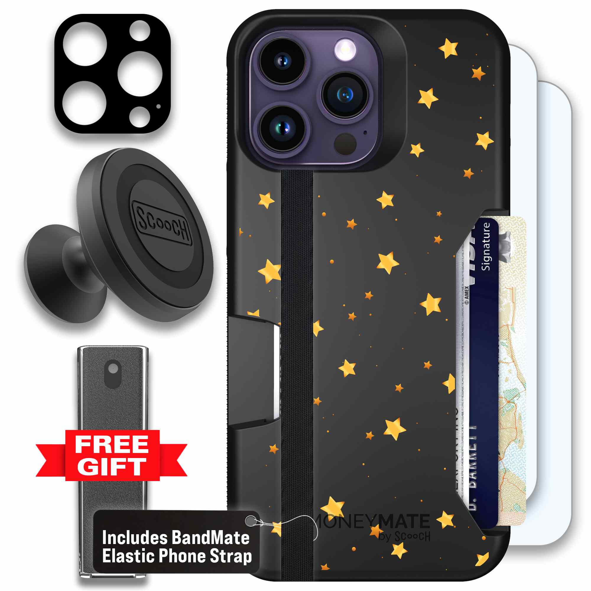 Gold Stars yellow and gold star pattern on a charcoal Scooch Moneymate case for iPhone 14 Pro Max - Defender Bundle