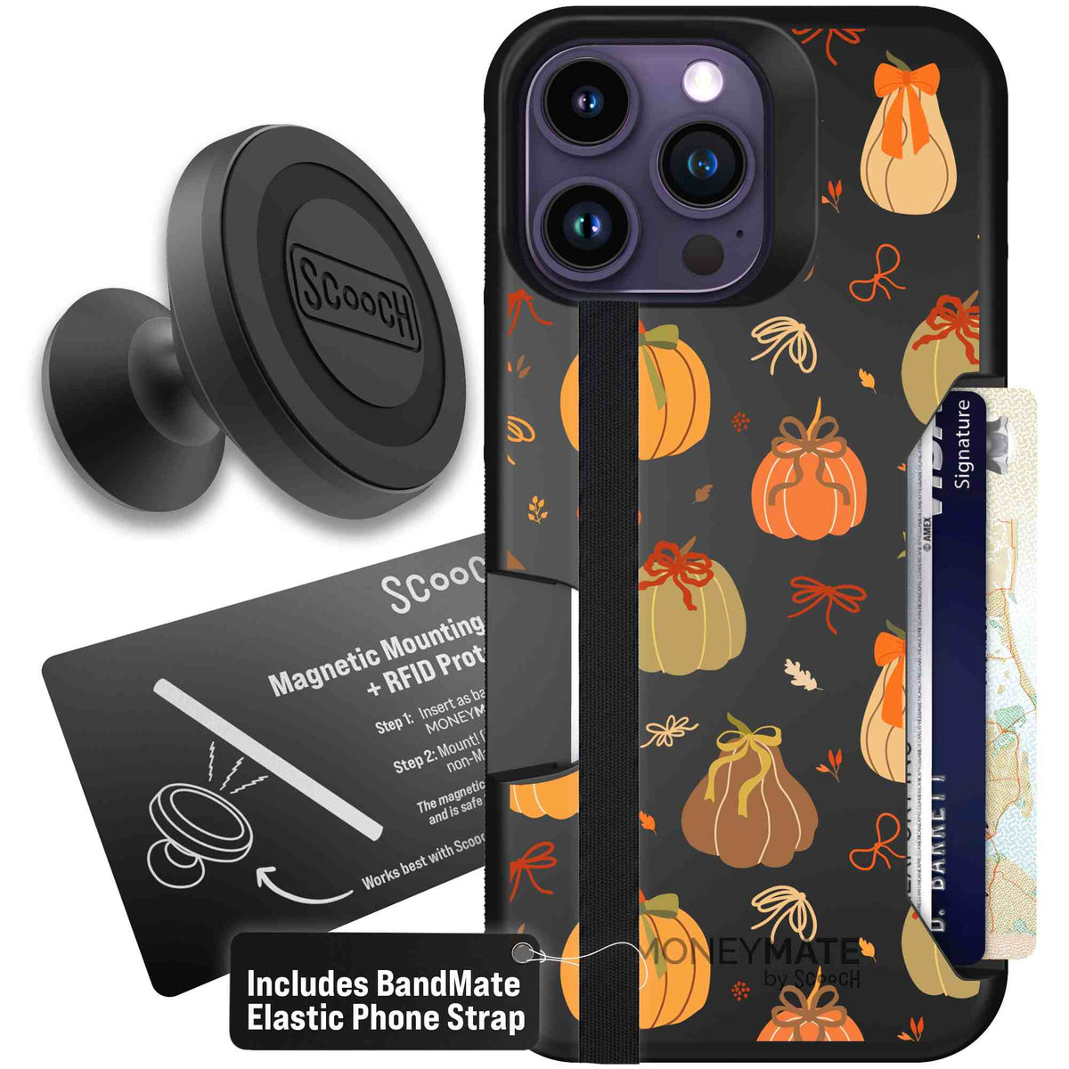 Pretty Pumpkins orange pumpkin and bow pattern on a Scooch Moneymate case for iPhone 14 Pro Max - Starter Bundle