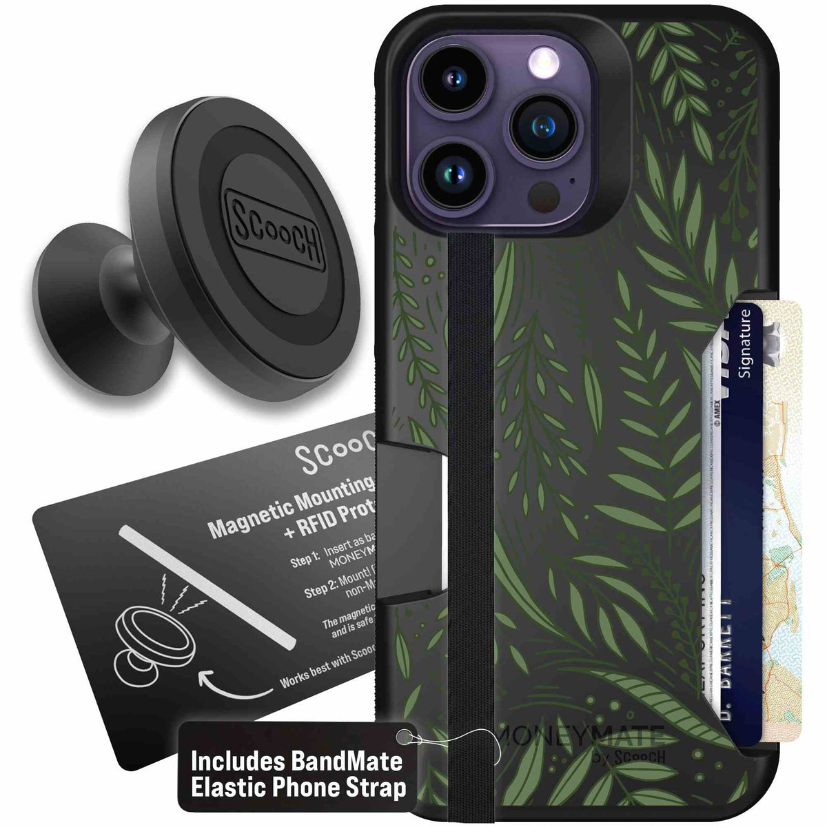 Willow Garden layered green leaves and branches on a charcoal Scooch Moneymate case for iPhone 14 Pro Max - Starter Bundle