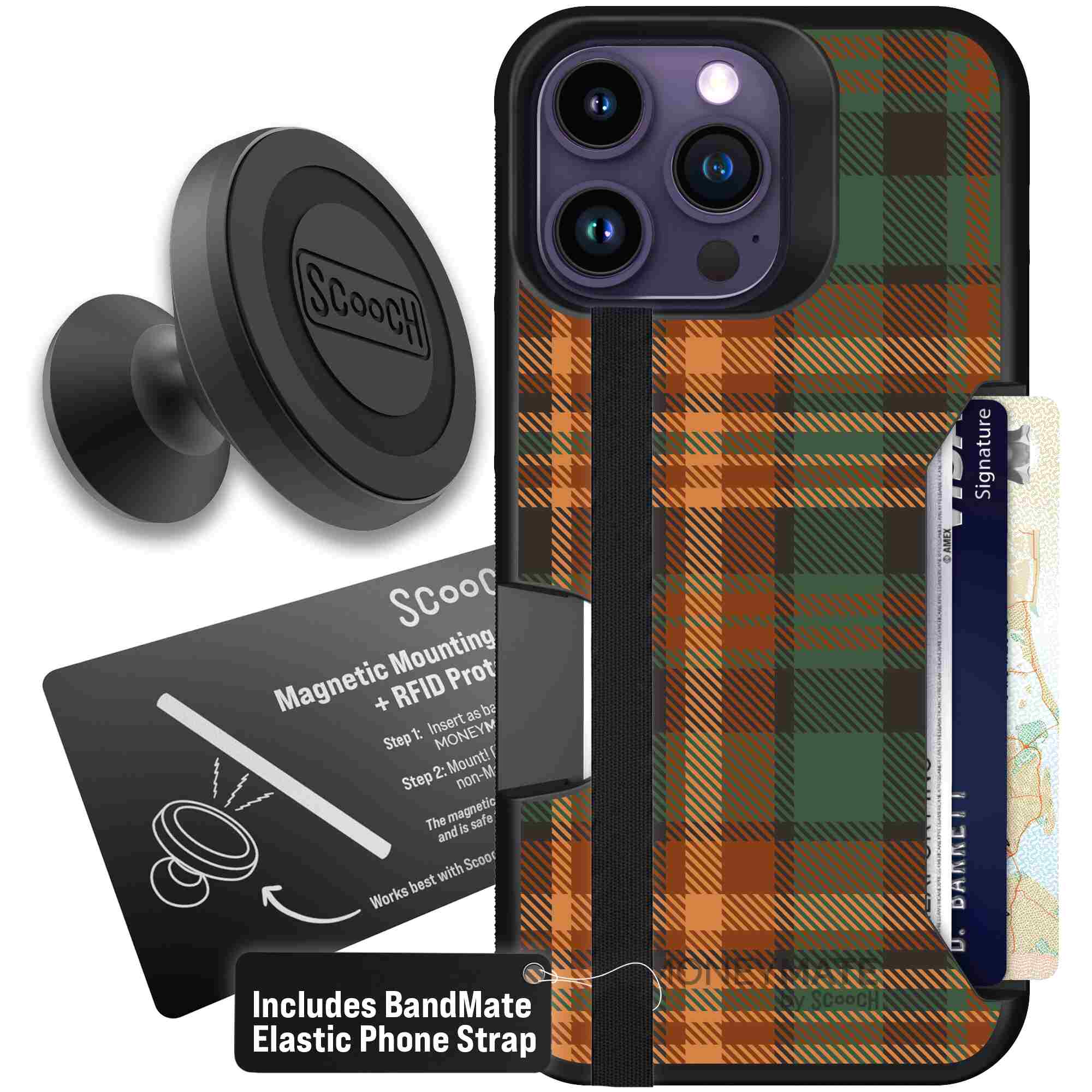 Fall Flannel orange and brown plaid pattern on a Scooch Moneymate case for iPhone 14 Pro Max - Starter Bundle