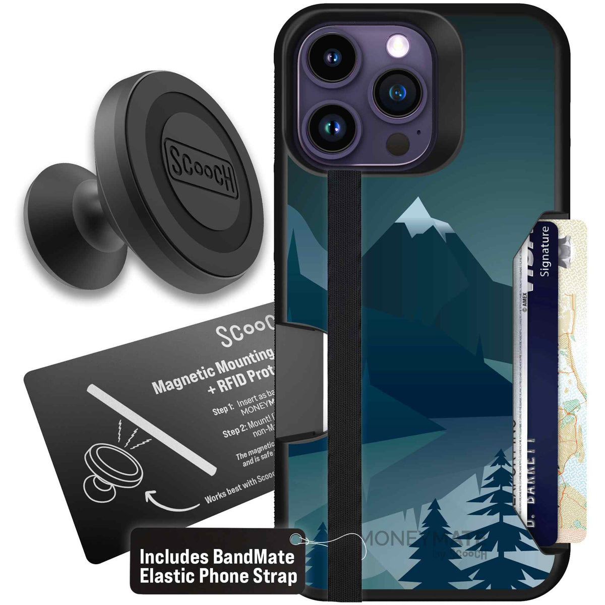 Midnight Ridge layered blue mountains and evergreen trees on a Scooch Moneymate case for iPhone 14 Pro Max - Starter Bundle
