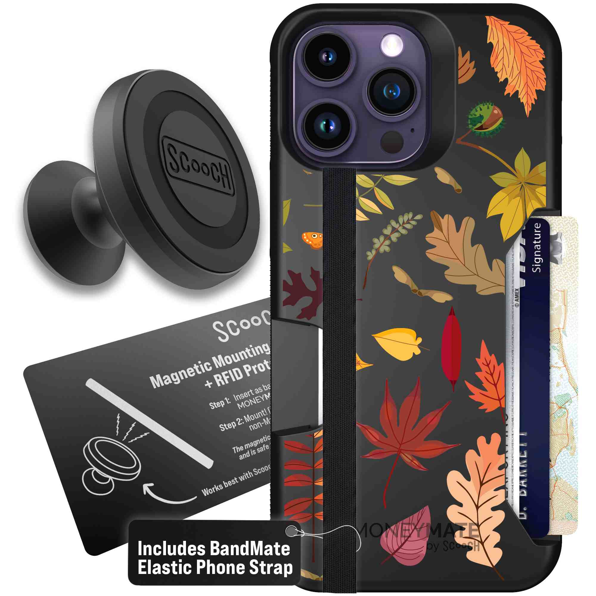 Autumn Leaves multicolored fall foliage pattern on a charcoal Scooch Moneymate case for iPhone 14 Pro Max - Starter Bundle