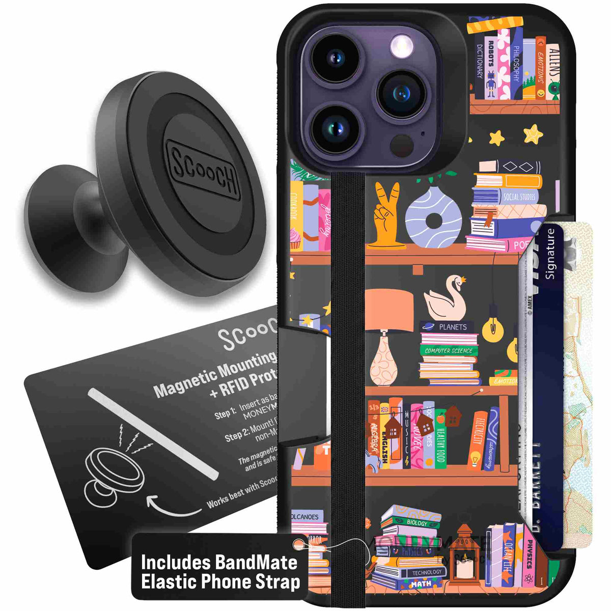 Little Library colorful book and bookshelf pattern on a Scooch Moneymate case for iPhone 14 Pro Max - Starter Bundle