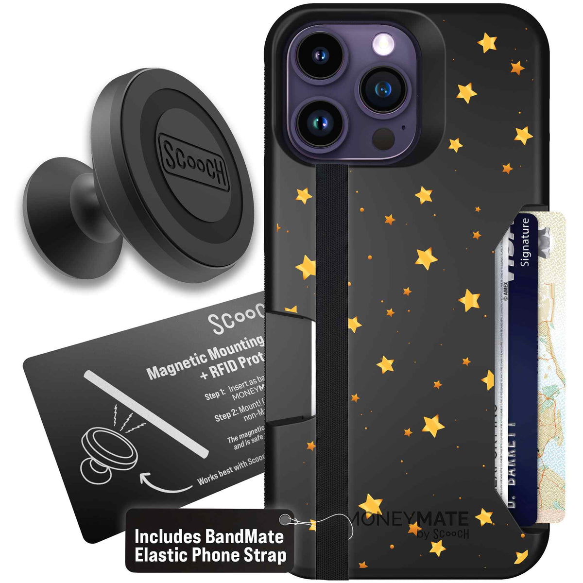 Gold Stars yellow and gold star pattern on a charcoal Scooch Moneymate case for iPhone 14 Pro Max - Starter Bundle