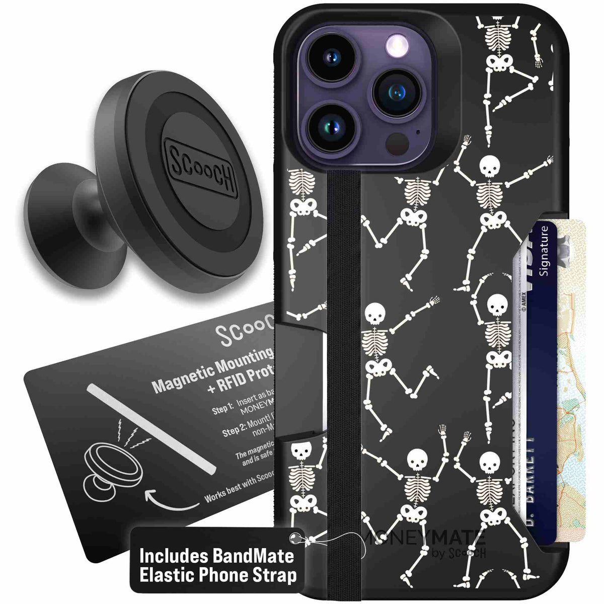 Swinging Skeletons white dancing skeleton pattern on a black Scooch Moneymate case for iPhone 14 Pro Max - Starter Bundle