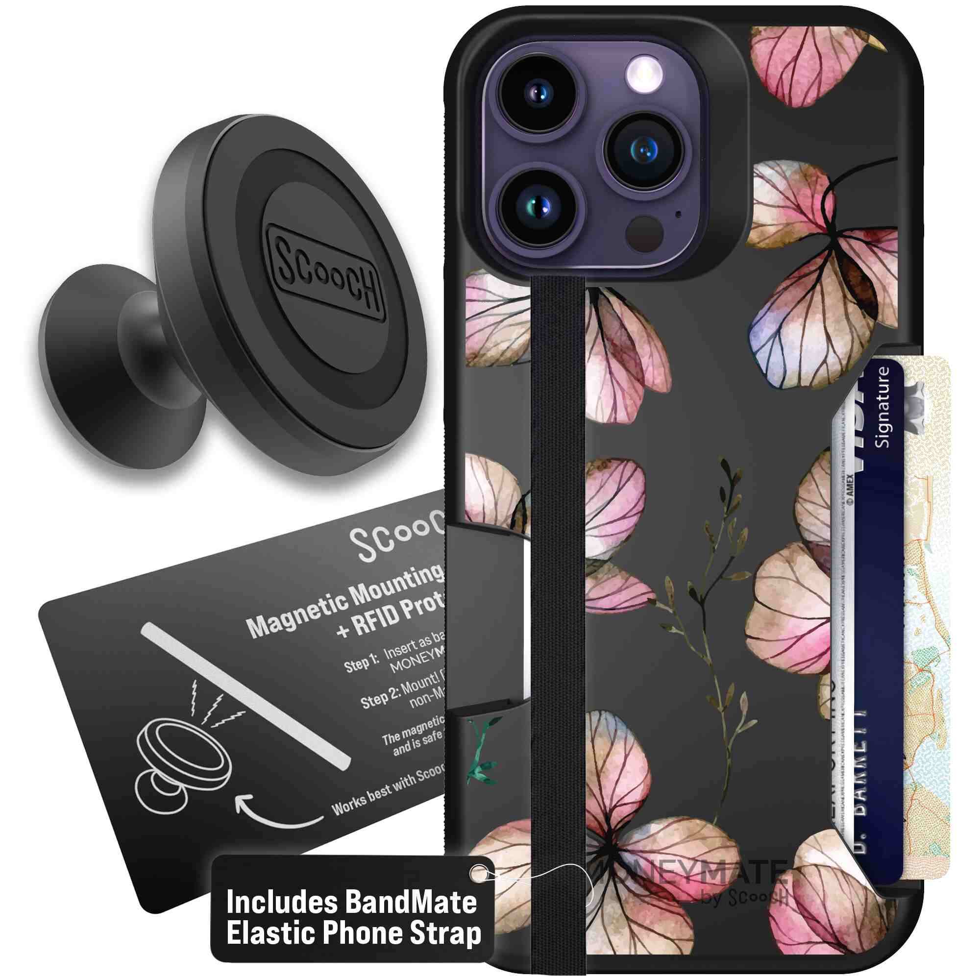 Dried Flowers blush mauve and cream floral pattern on a black Scooch Moneymate case for iPhone 14 Pro Max - Starter Bundle