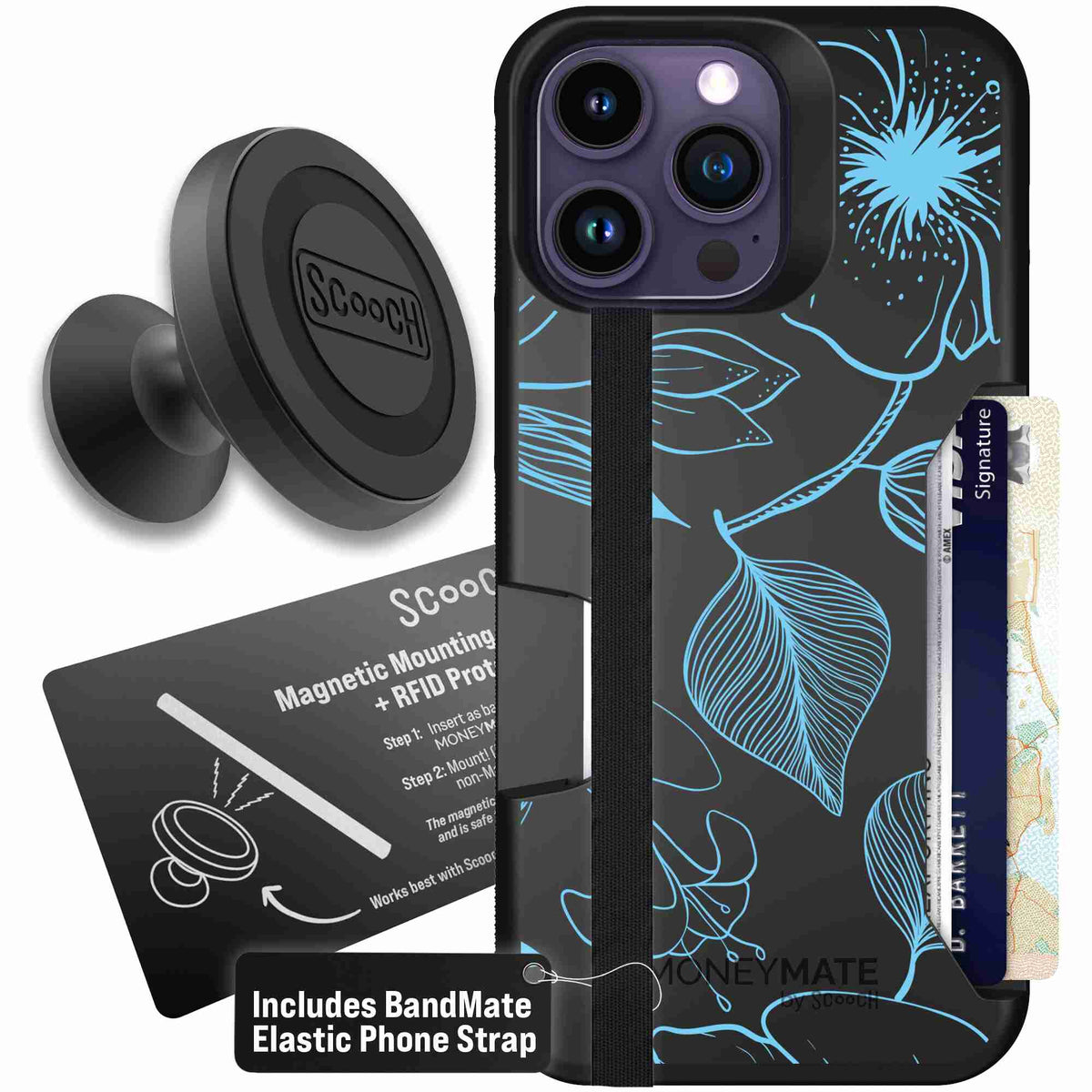 Blue Hibiscus cyan-blue tropical flower pattern on a charcoal Scooch Moneymate case for iPhone 14 Pro Max - Starter Bundle