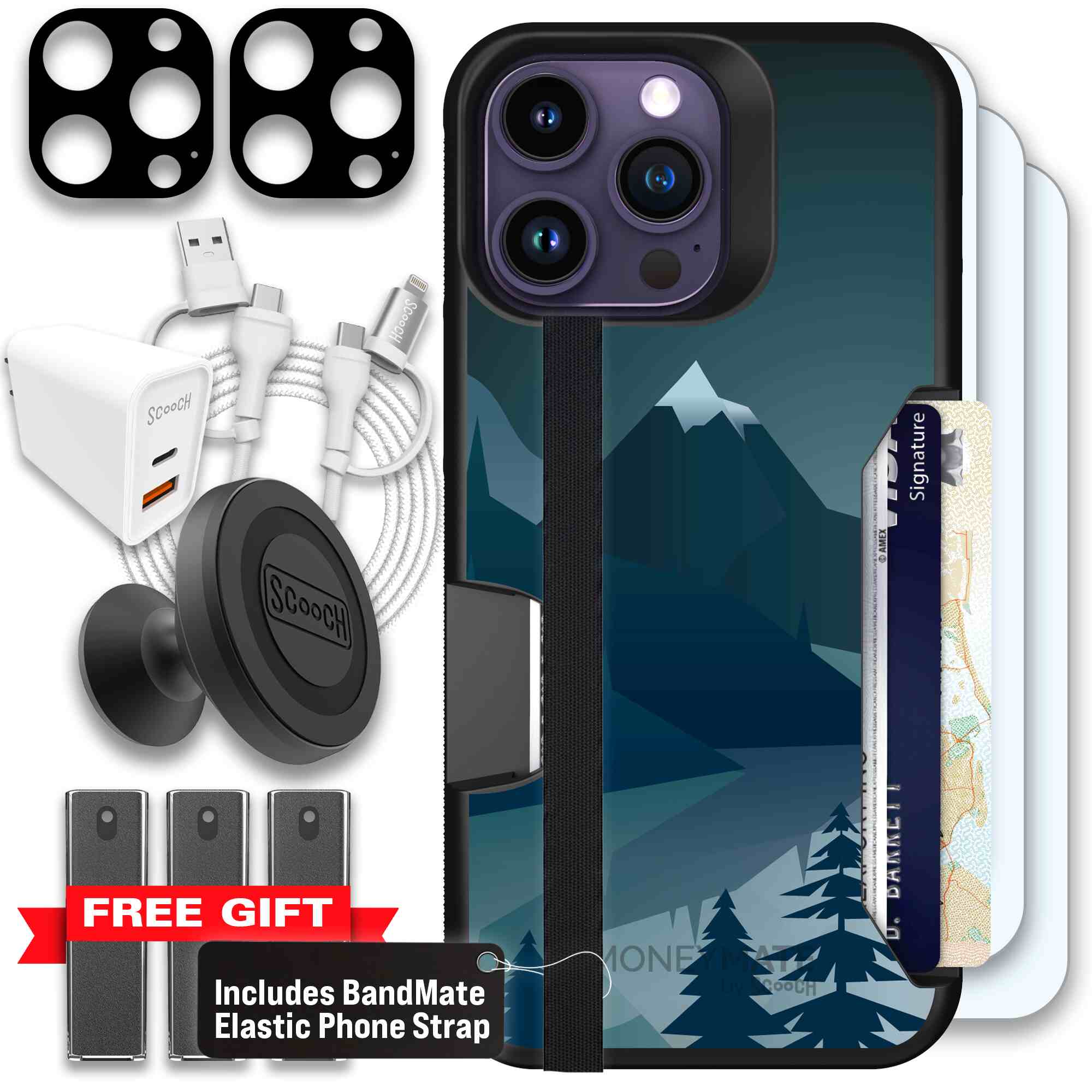 Midnight Ridge layered blue mountains and evergreen trees on a Scooch Moneymate case for iPhone 14 Pro Max - Ultimate Bundle