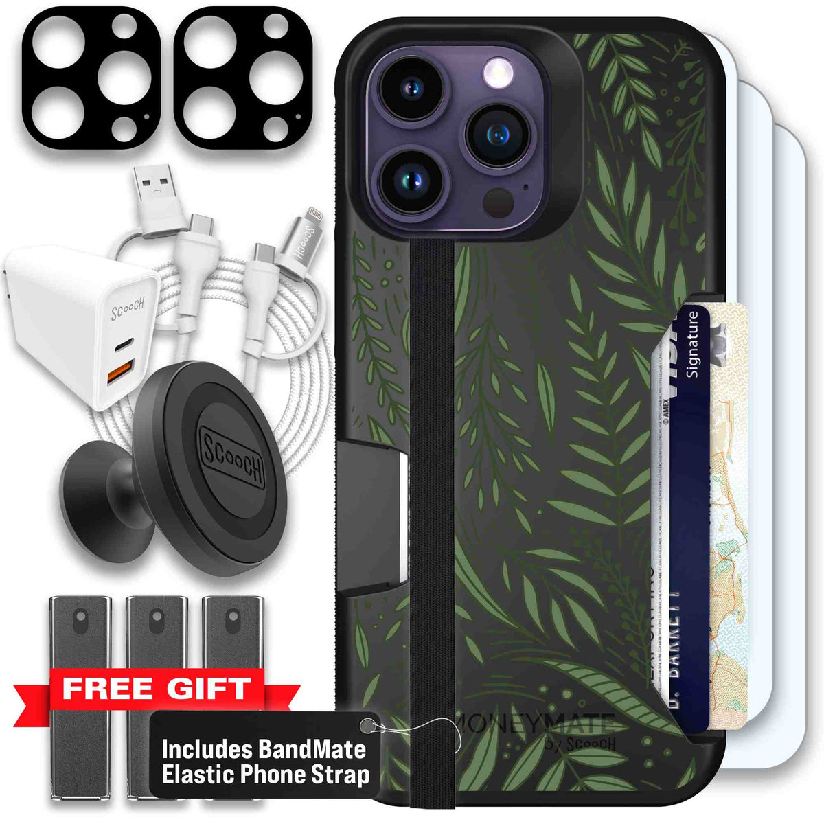 Willow Garden layered green leaves and branches on a charcoal Scooch Moneymate case for iPhone 14 Pro Max - Ultimate Bundle