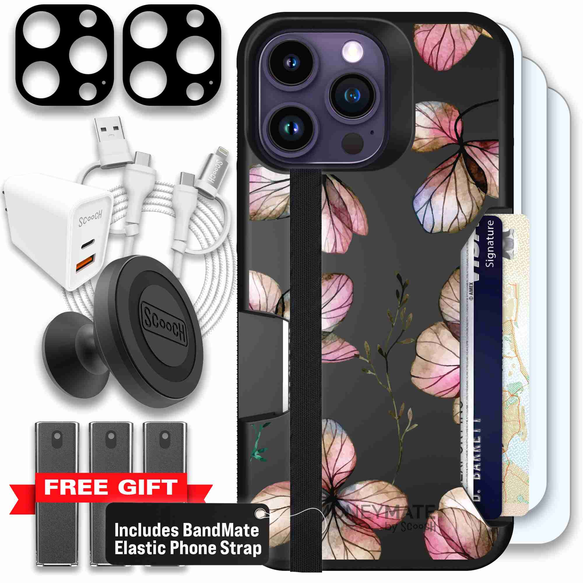Dried Flowers blush mauve and cream floral pattern on a black Scooch Moneymate case for iPhone 14 Pro Max - Ultimate Bundle