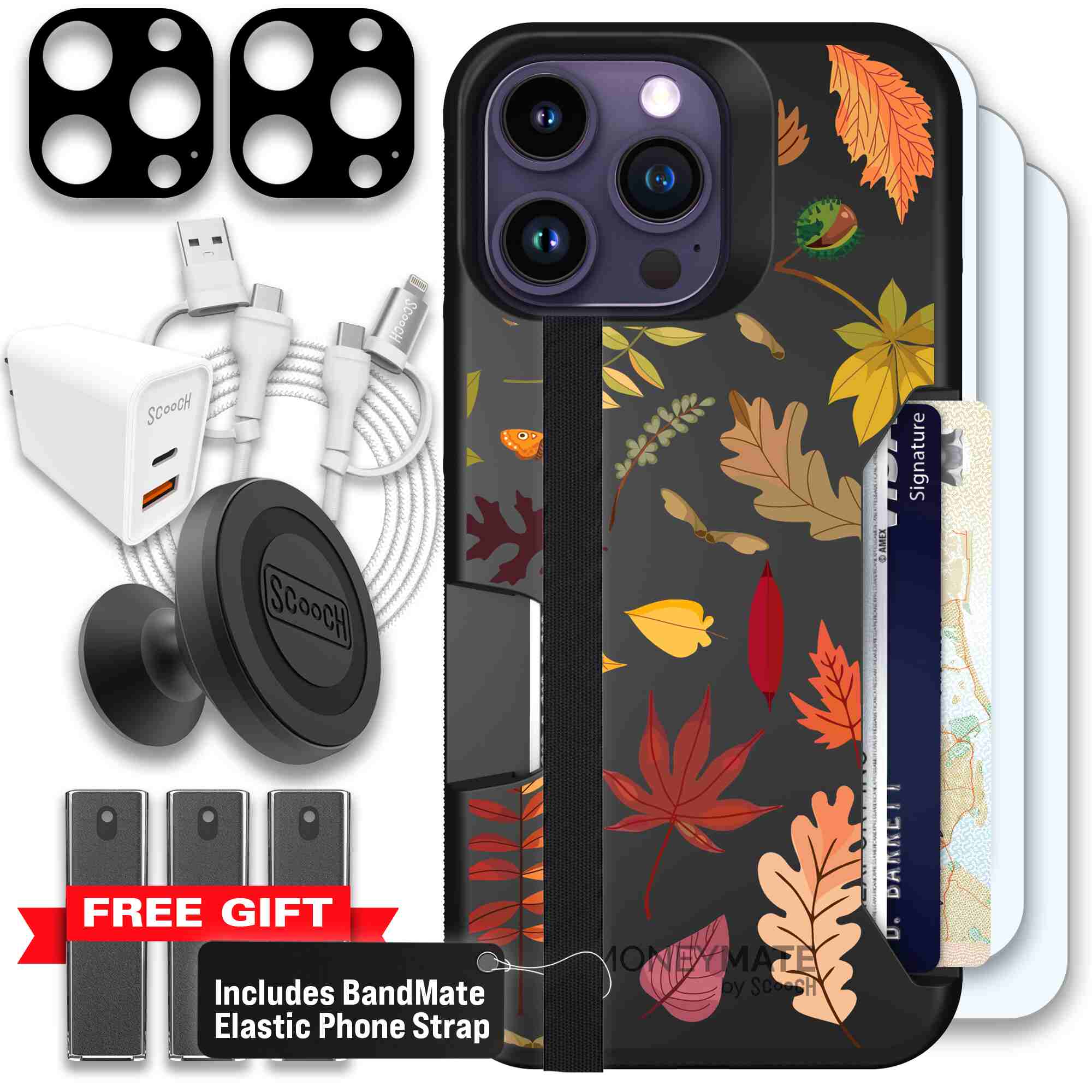 Autumn Leaves multicolored fall foliage pattern on a charcoal Scooch Moneymate case for iPhone 14 Pro Max - Ultimate Bundle