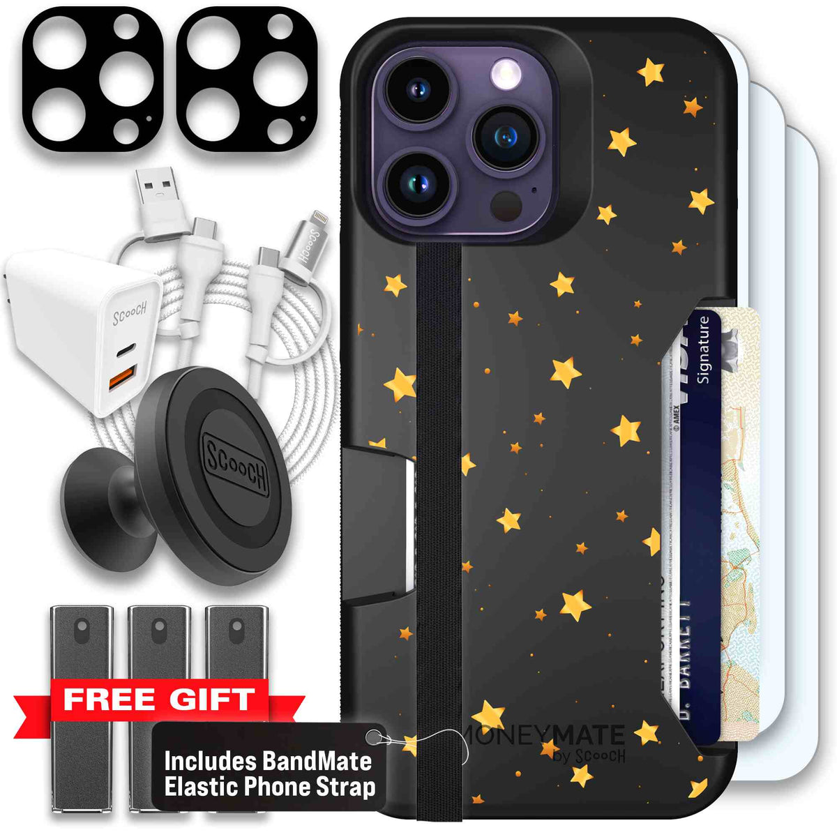 Gold Stars yellow and gold star pattern on a charcoal Scooch Moneymate case for iPhone 14 Pro Max - Ultimate Bundle