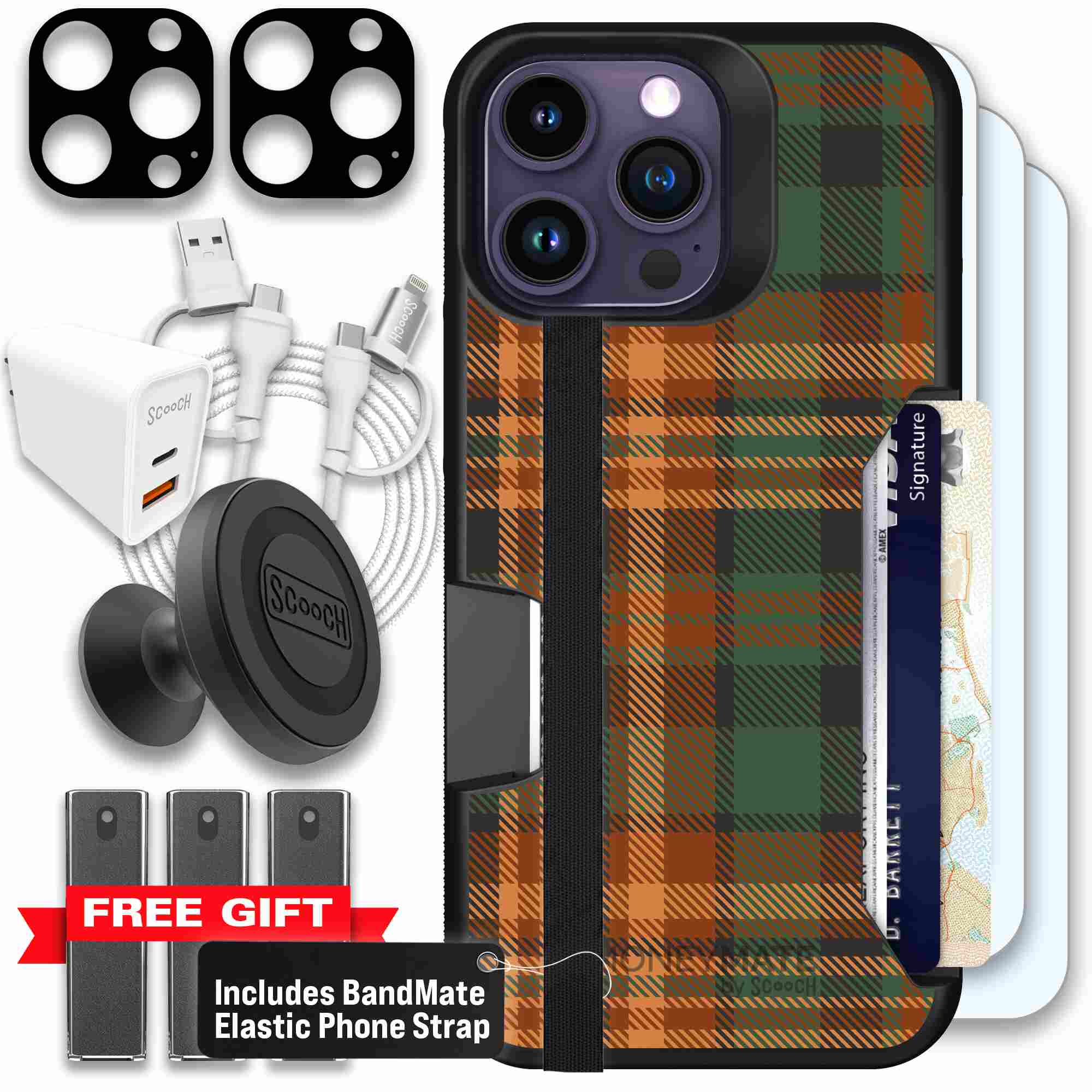 Fall Flannel orange and brown plaid pattern on a Scooch Moneymate case for iPhone 14 Pro Max - Ultimate Bundle