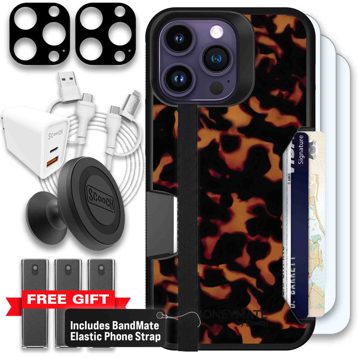 Tortoise Shell amber brown and black mottled pattern on a Scooch Moneymate case for iPhone 14 Pro Max - Ultimate Bundle