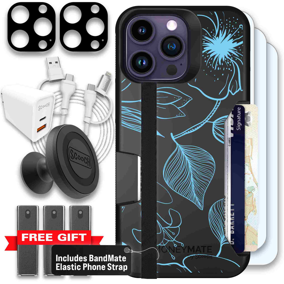 Blue Hibiscus cyan-blue tropical flower pattern on a charcoal Scooch Moneymate case for iPhone 14 Pro Max - Ultimate Bundle
