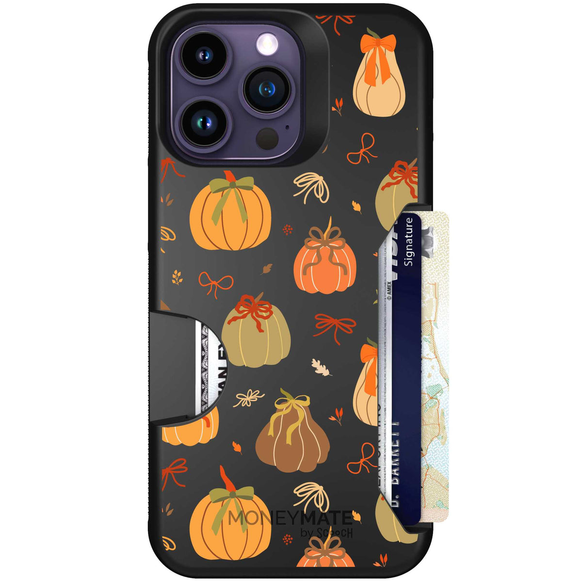 Pretty Pumpkins orange pumpkin and bow pattern on a Scooch Moneymate case for iPhone 14 Pro Max