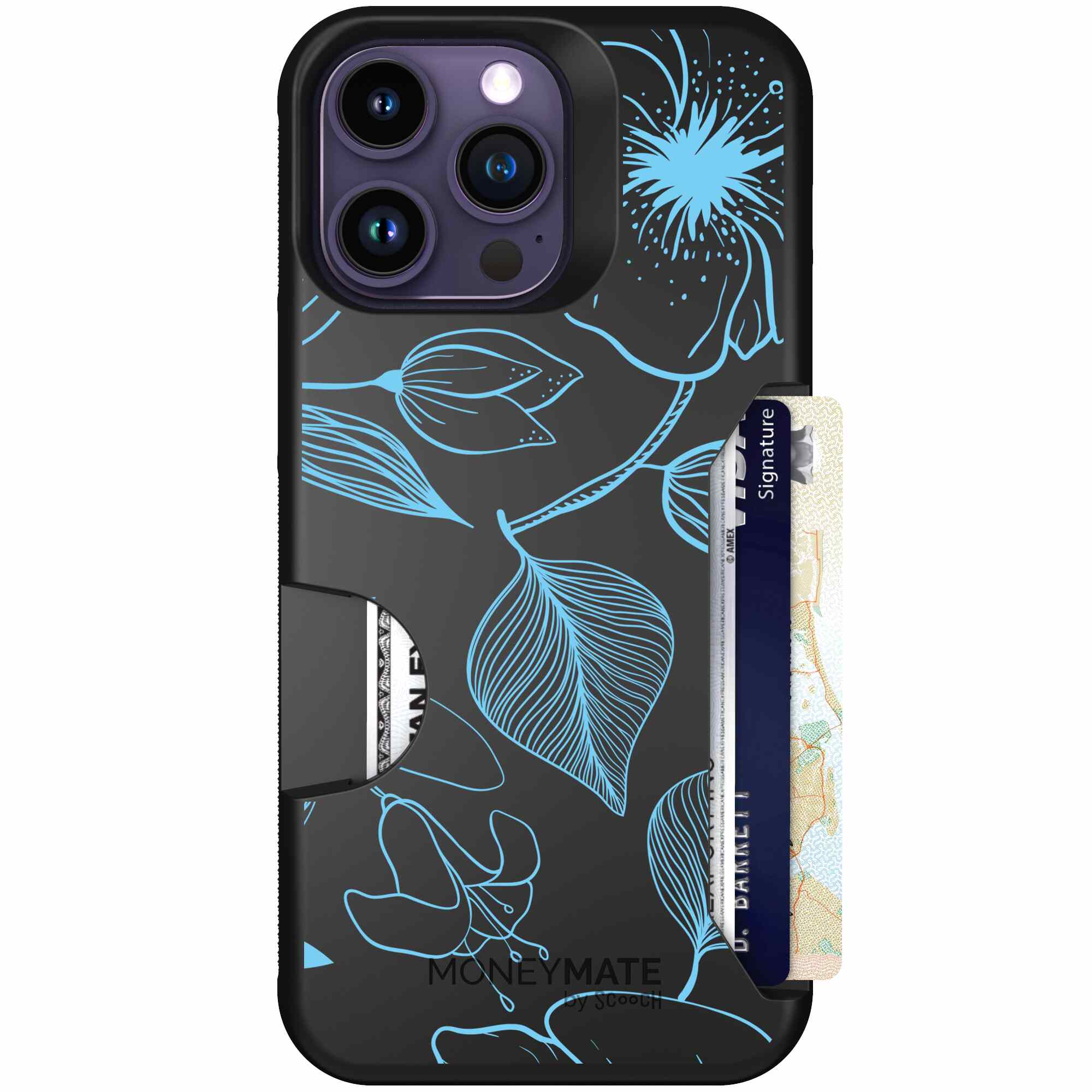 Blue Hibiscus cyan-blue tropical flower pattern on a charcoal Scooch Moneymate case for iPhone 14 Pro Max