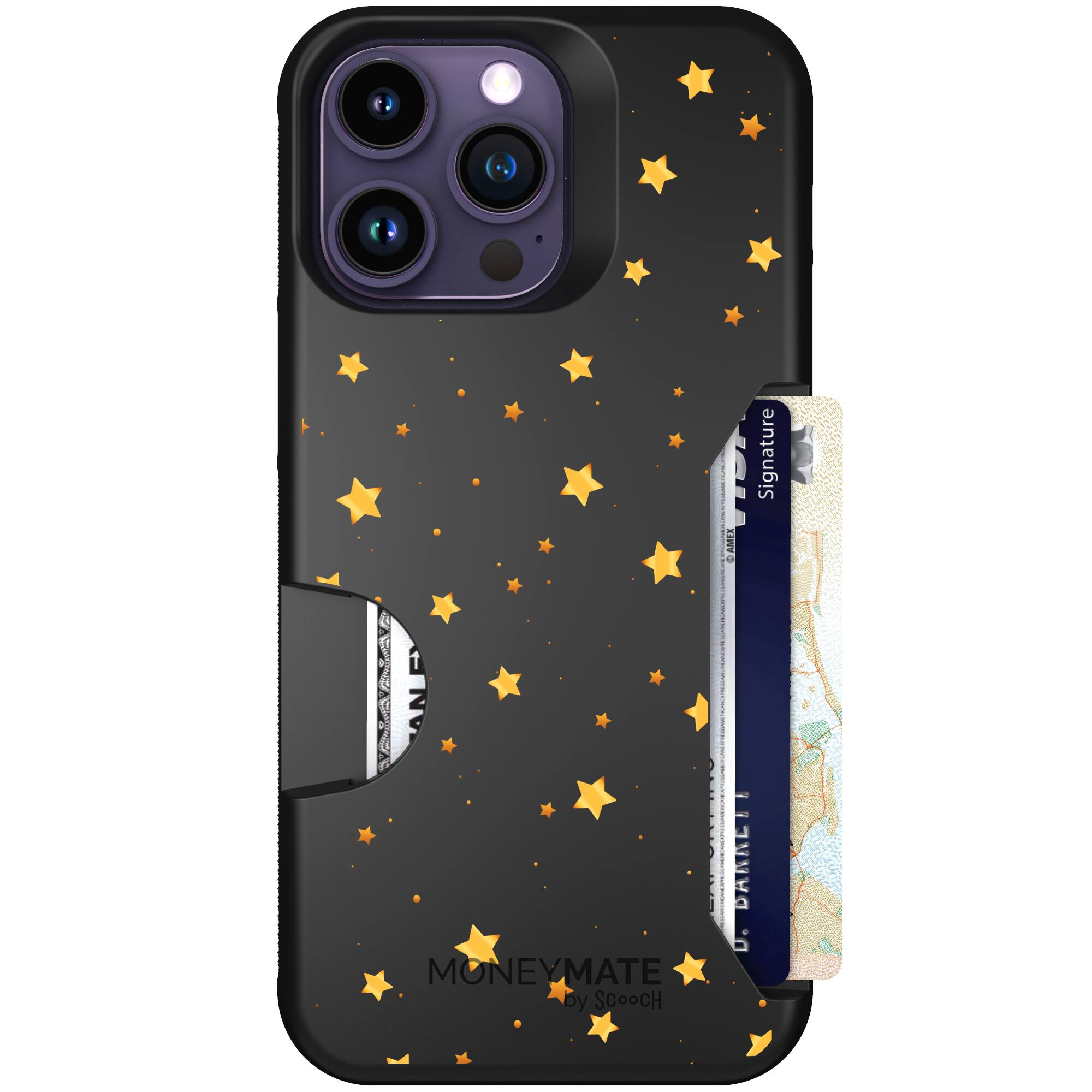 Gold Stars yellow and gold star pattern on a charcoal Scooch Moneymate case for iPhone 14 Pro Max