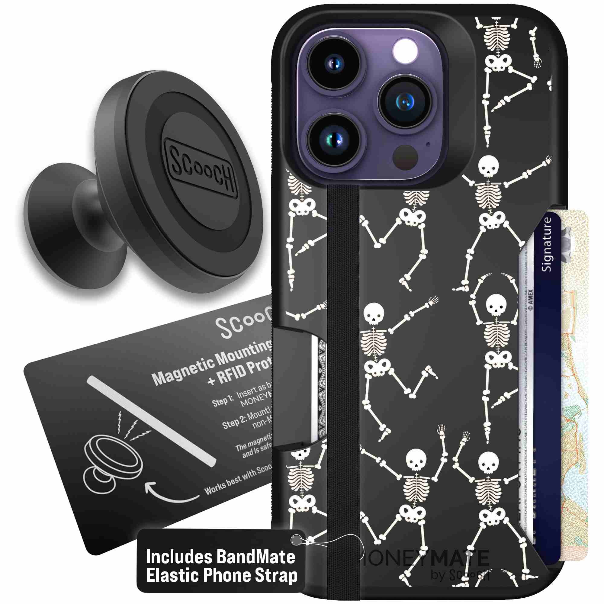 Swinging Skeletons white dancing skeleton pattern on a black Scooch Moneymate case for iPhone 14 Pro - Starter Bundle