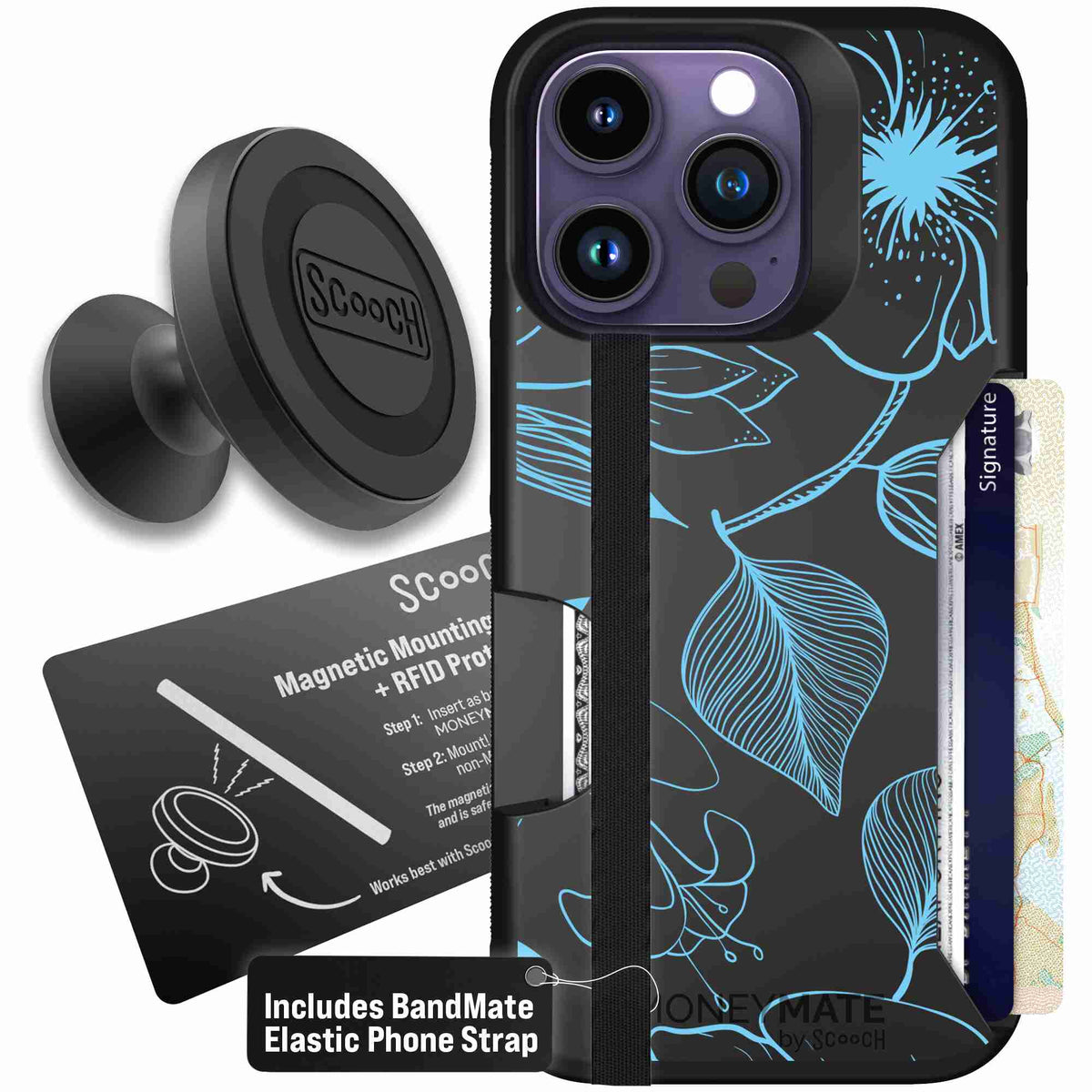 Blue Hibiscus cyan-blue tropical flower pattern on a charcoal Scooch Moneymate case for iPhone 14 Pro - Starter Bundle