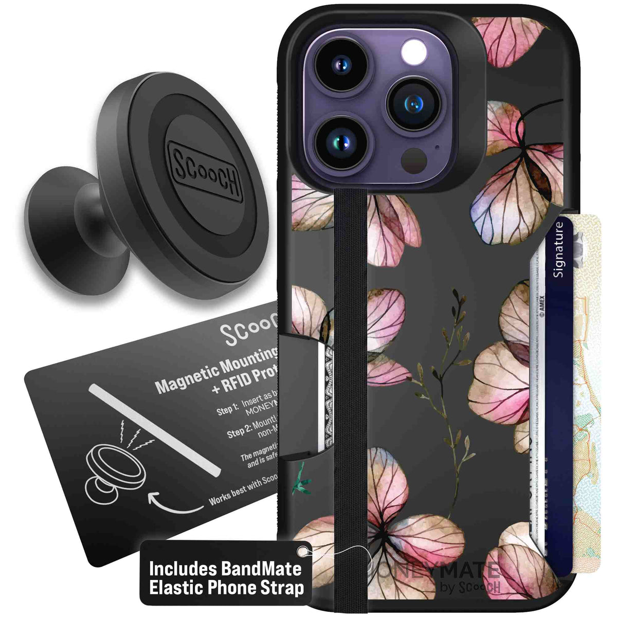 Dried Flowers blush mauve and cream floral pattern on a black Scooch Moneymate case for iPhone 14 Pro - Starter Bundle
