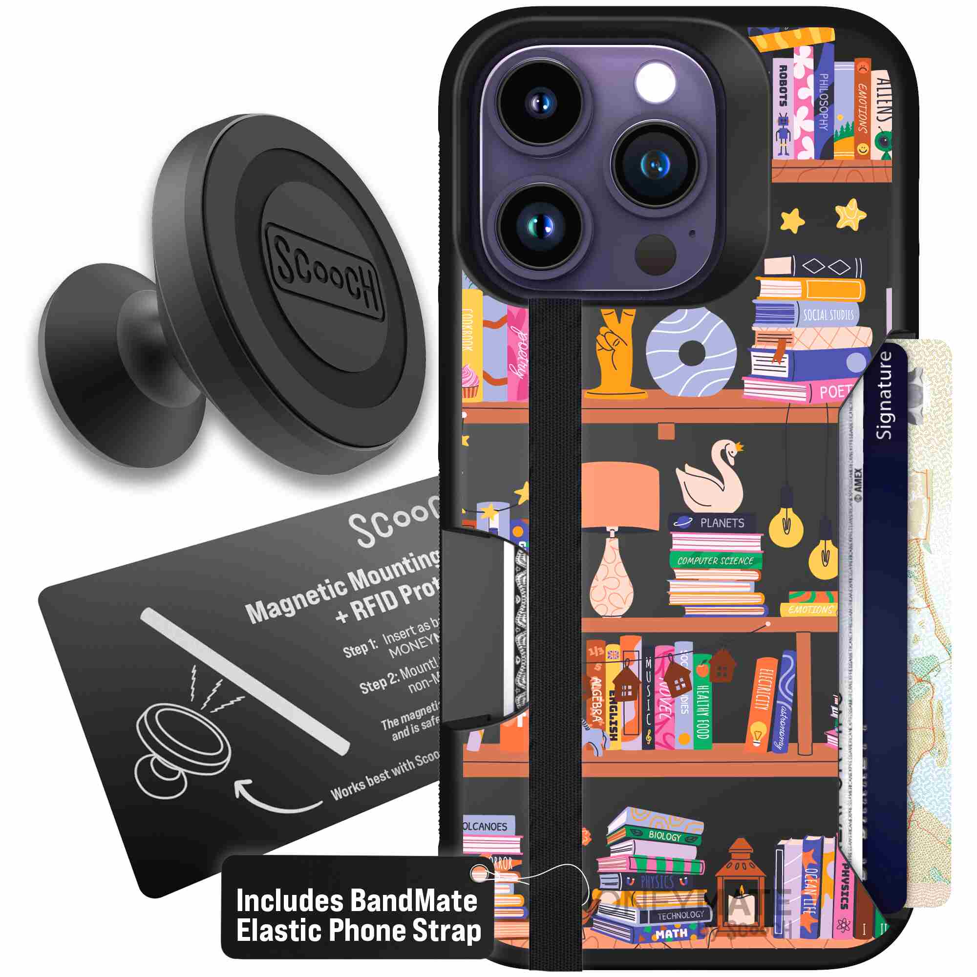 Little Library colorful book and bookshelf pattern on a Scooch Moneymate case for iPhone 14 Pro - Starter Bundle