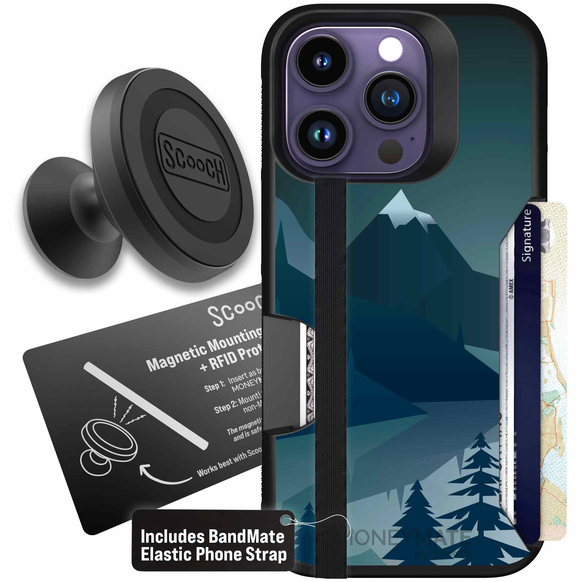 Midnight Ridge layered blue mountains and evergreen trees on a Scooch Moneymate case for iPhone 14 Pro - Starter Bundle